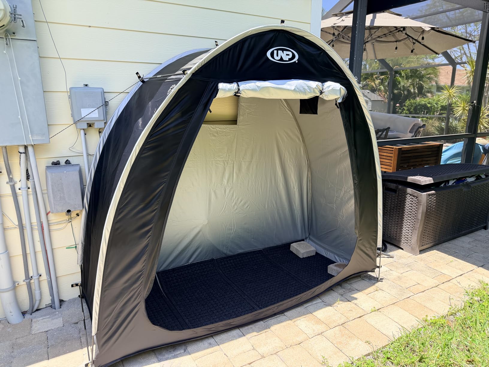UNP Bike Storage Shed Tent, Portable Outdoor Bike Storage Tent with 210D Oxford Thick PU4000 Waterproof for 1/2/3/4 Bikes, Bike Covers Storage Shed for Bicycles, Lawn Mower, Garden Tools customer photo 1