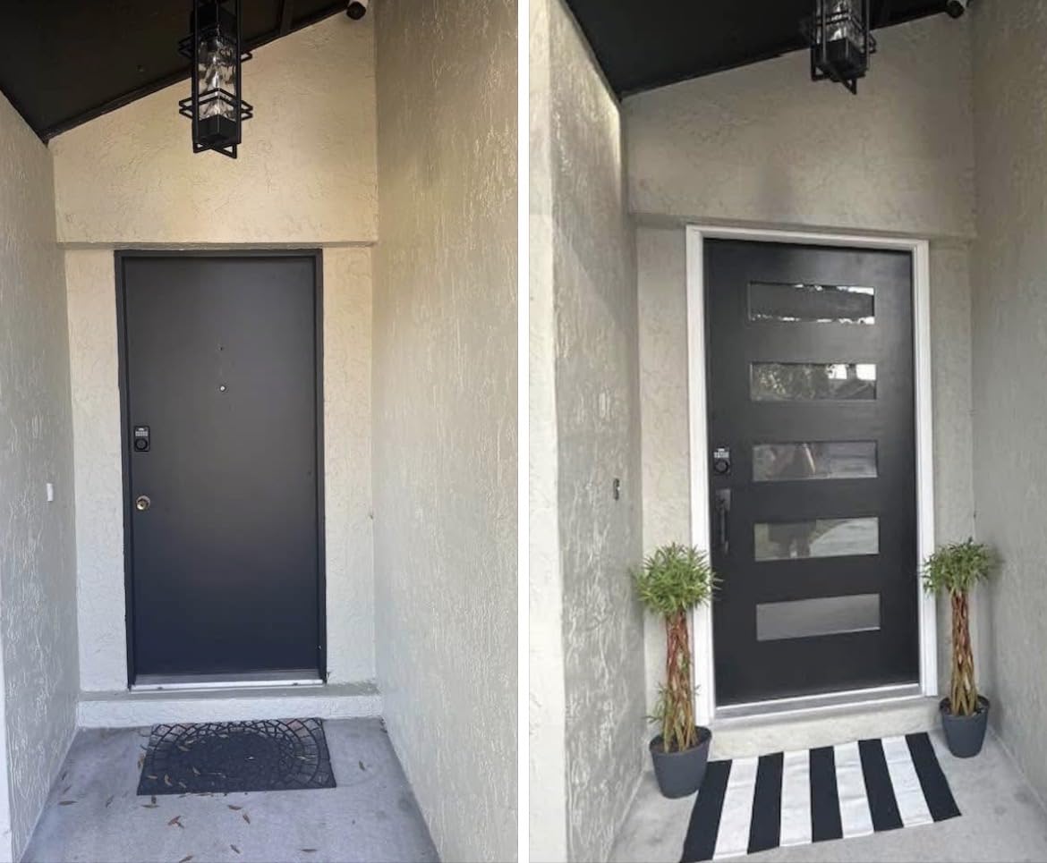 36 x 80 Fiberglass Entry Door with Brickmould, Frosted Glass, Black Finished Knock-Down Fiberglass Door - Contemporary Style, Right Hand Inswing with Vinyl Frame customer photo 2