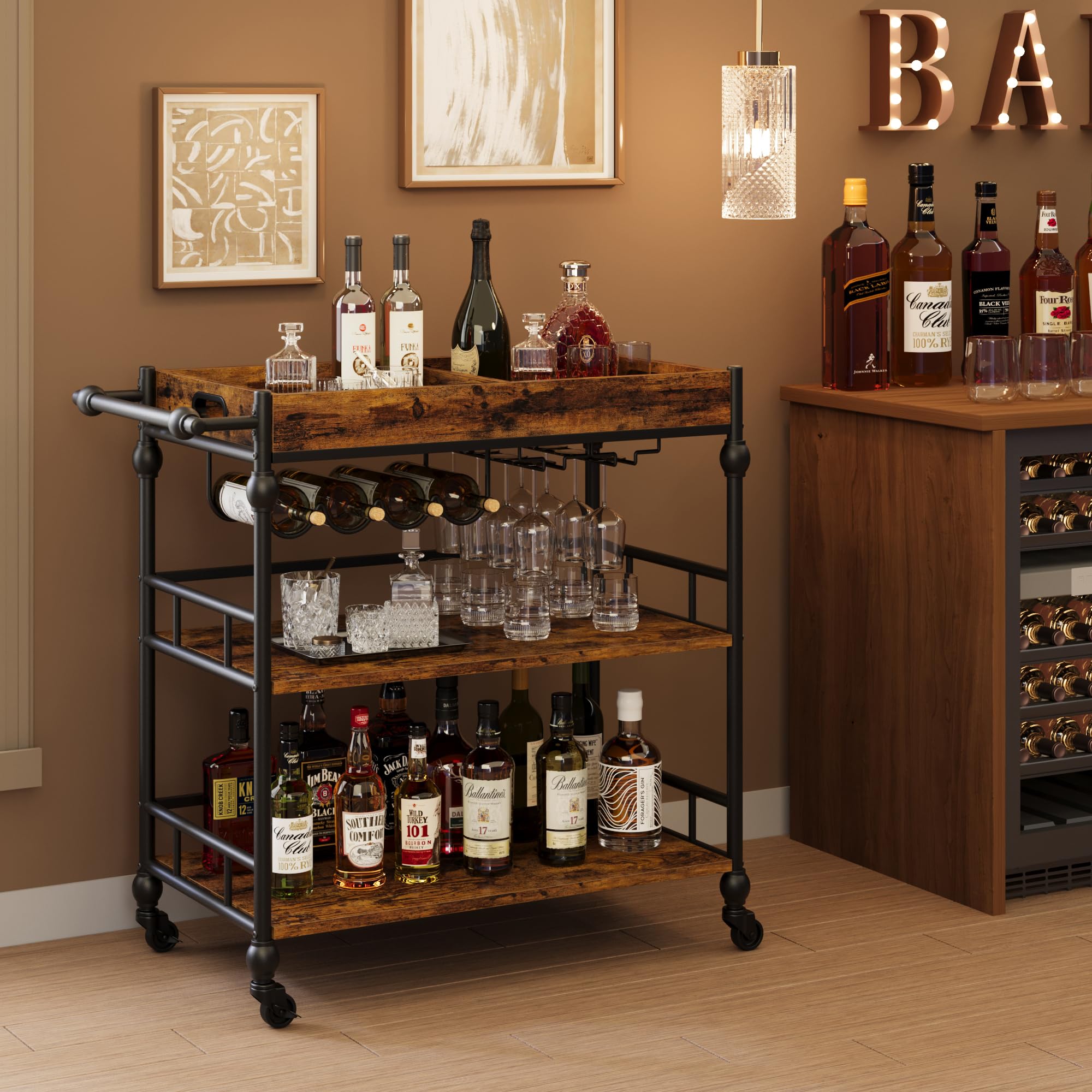 GarveeHome Bar Cart with Wheels, 3-Tier Serving Cart for Home, Mobile Rolling Beverage Cart with Wine Rack and Removable Tray for Kitchen, Dining, Living Room, 35.4 x 15.7 x 34.1, Rustic Brown customer photo 1