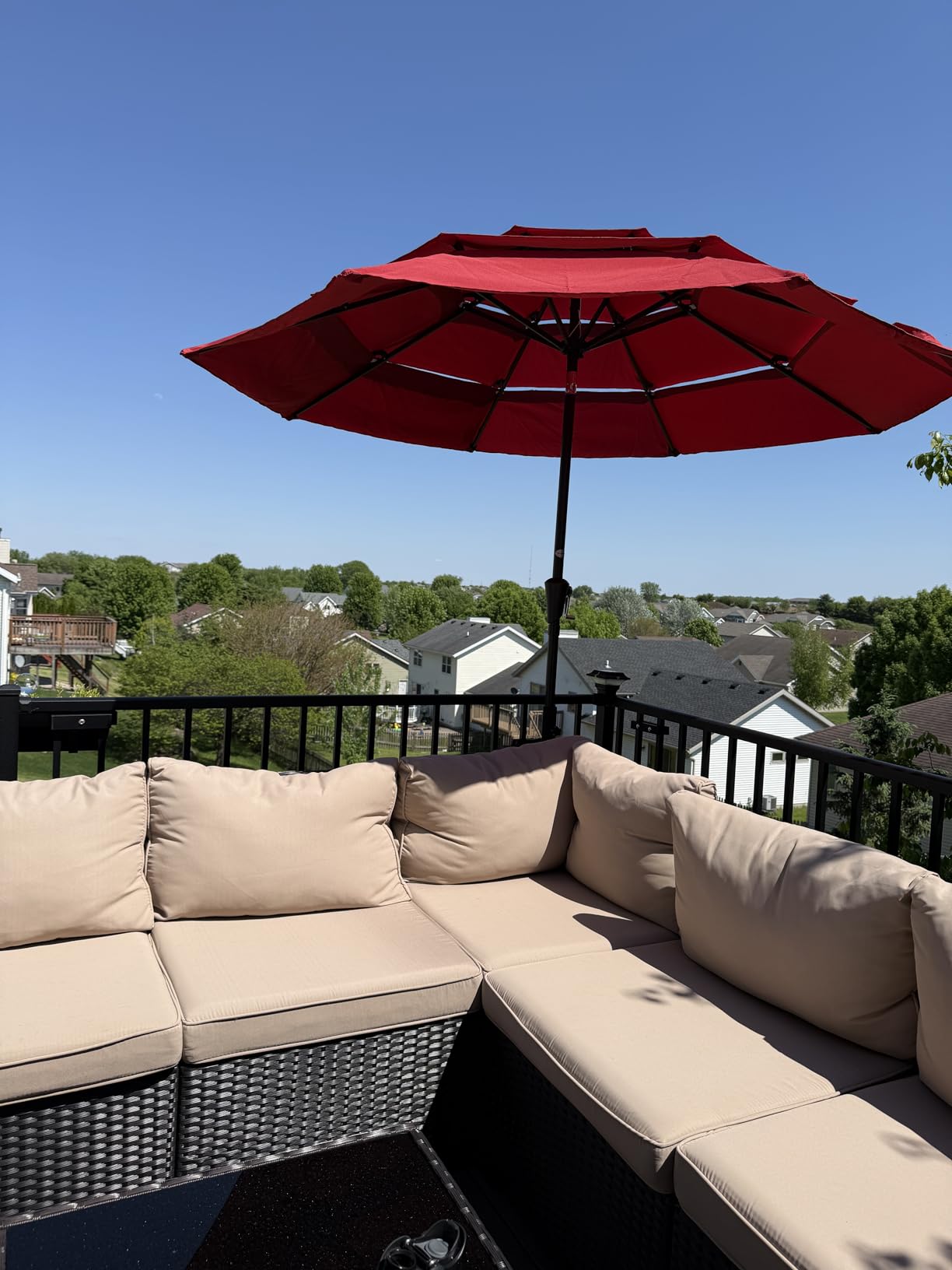 9FT 3-Tier Patio Umbrella, Vented Outdoor Market Table Umbrella with 5-year fade resistant commercial canopy with UPF50+ UV protection, Push button tilt & crank customer photo 1