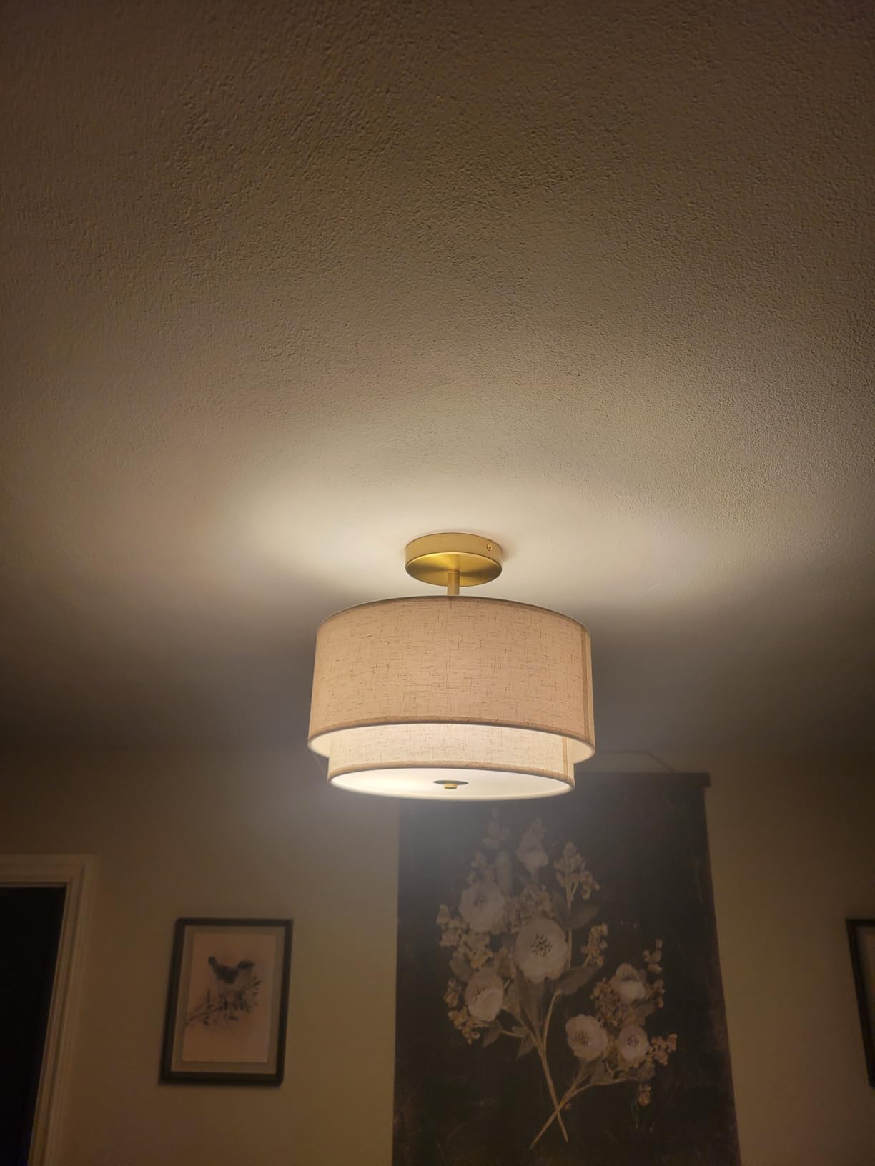 Semi Flush Mount Ceiling Light Fixture, 12.6'' Gold Light Fixtures Ceiling Mount, Modern Close to Ceiling Light with 2-Layer Linen Shade, Farmhouse Drum Ceiling Light for Bedroom Hallway Living Room customer photo 2