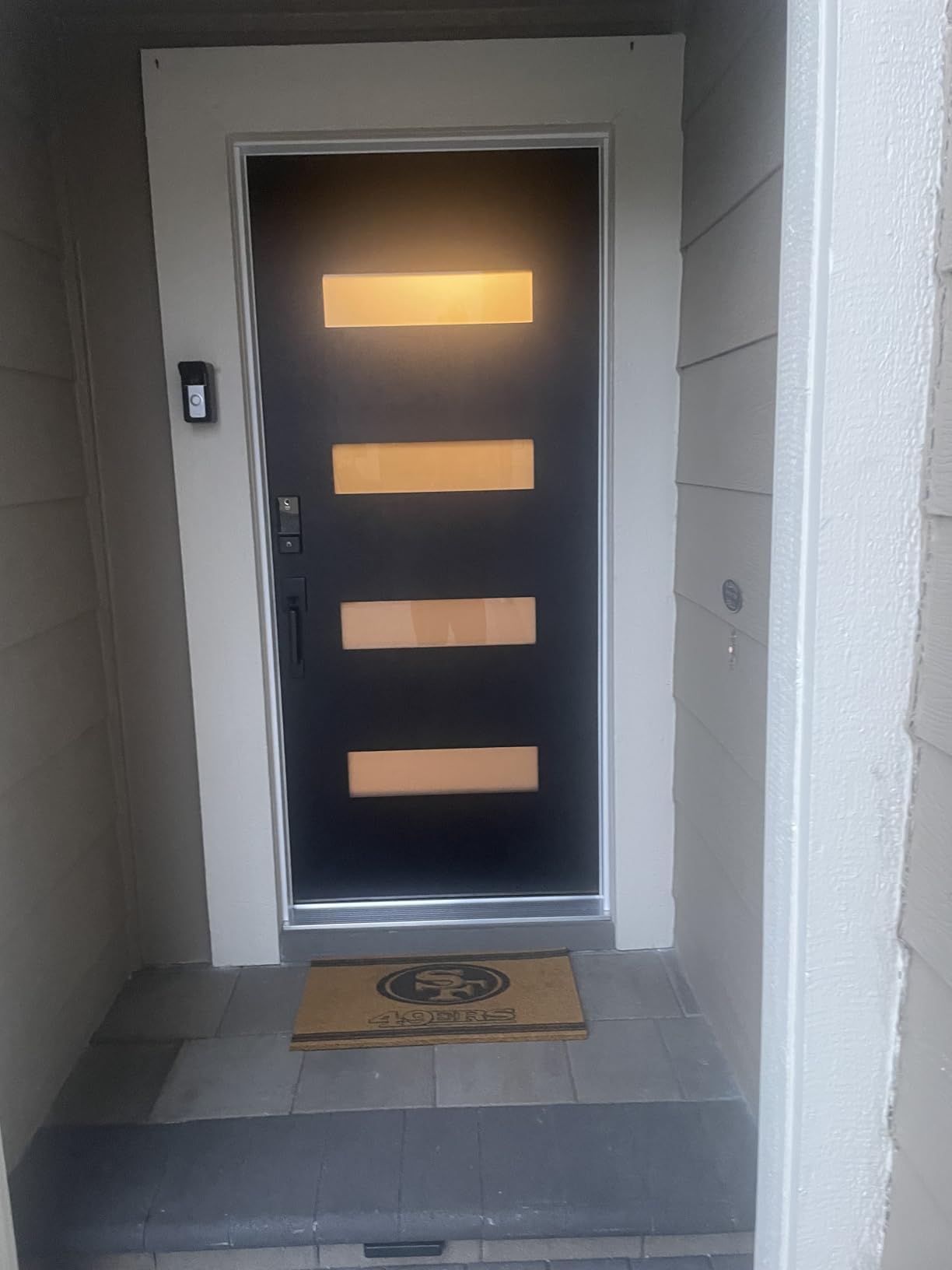 Fiberglass Exterior Front Door 36x80In, Right-Hand Inswing Featuring 4-Lite Frosted Glass White Primed Knock-Down Entry Door with Brickmould and Vinyl Frame customer photo 1