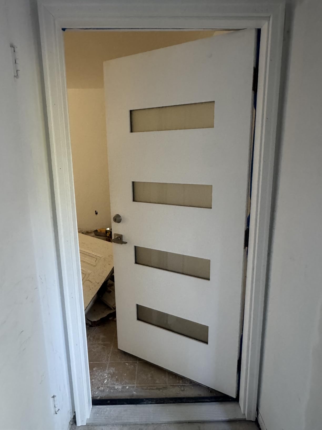 Fiberglass Exterior Front Door 36x80In, Right-Hand Inswing Featuring 4-Lite Frosted Glass White Primed Knock-Down Entry Door with Brickmould and Vinyl Frame customer photo 2