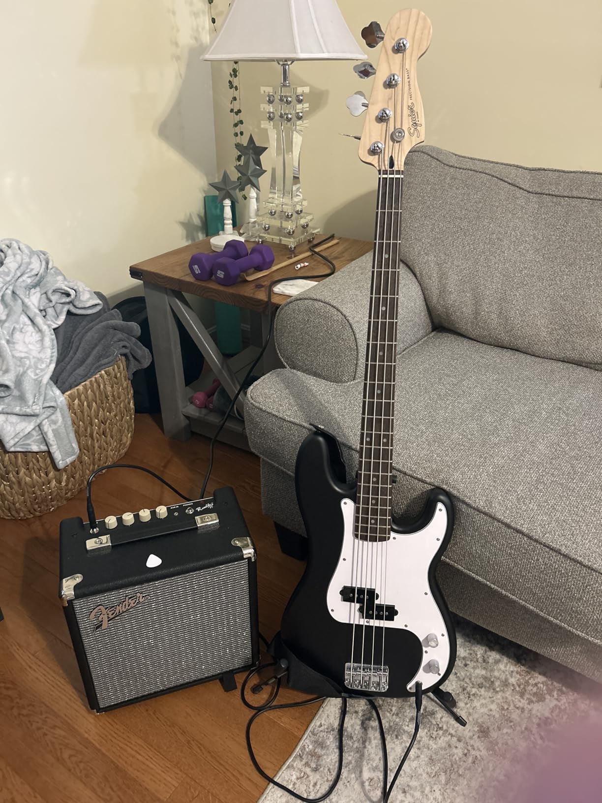 Squier Debut Series Precision Bass Guitar Pack, Beginner Guitar Pack, 2-Year Warranty, Includes Rumble 15 Amplifier, Padded Gig Bag, Instrument Cable, and More, Black with Satin Urethane Finish customer photo 1