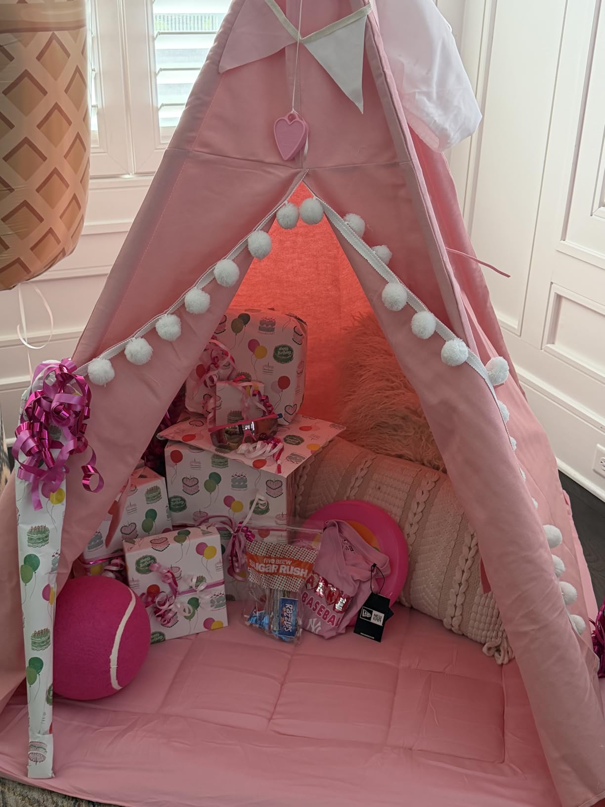 WIRHAO Teepee Tent for Kids with Mat, Cotton Canvas Kids Teepee with Pompom for Toddlers Indoor Play Tent for Girls Boys with Stars Lights, Carry Bag, Banner Flag (Khaki) customer photo 1