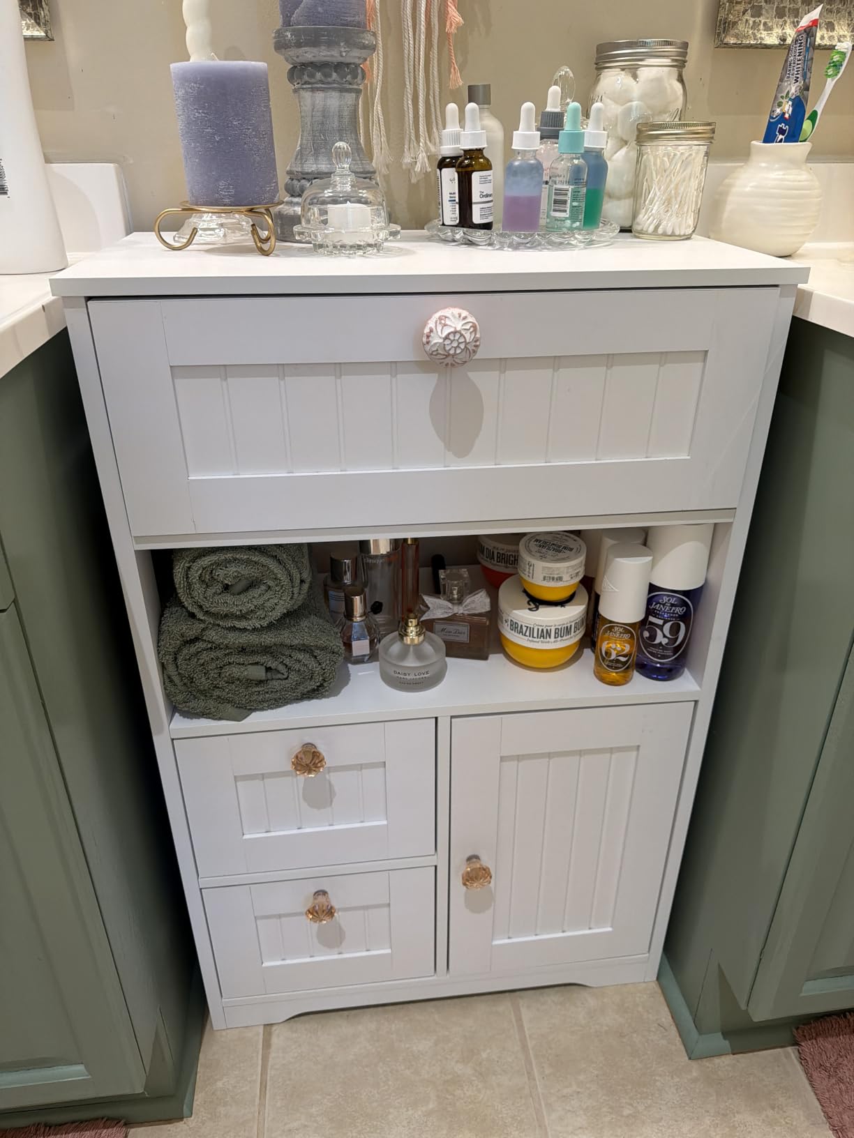 GRUSIGN Bathroom Cabinet, Modern Bathroom Floor Storage Cabinet Organizer with 1 Door and 3 Drawers, Freestanding Cupboard for Kitchen/Living Room customer photo 2