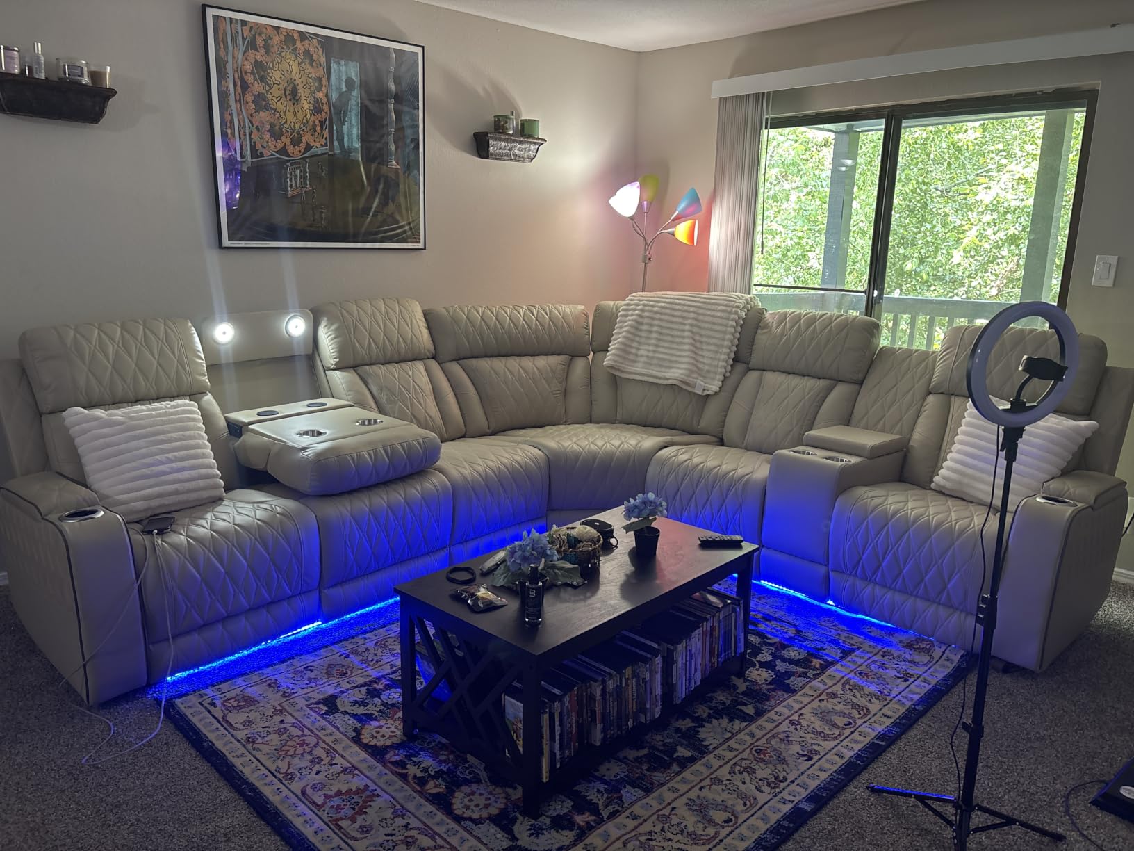 FUOROLA Power Recliner Living Room Set with LED, Breathing Leather Reclining Sectional Sofa Couches for Home Theater with Cup Holder, Storage Console, USB Charge customer photo 1