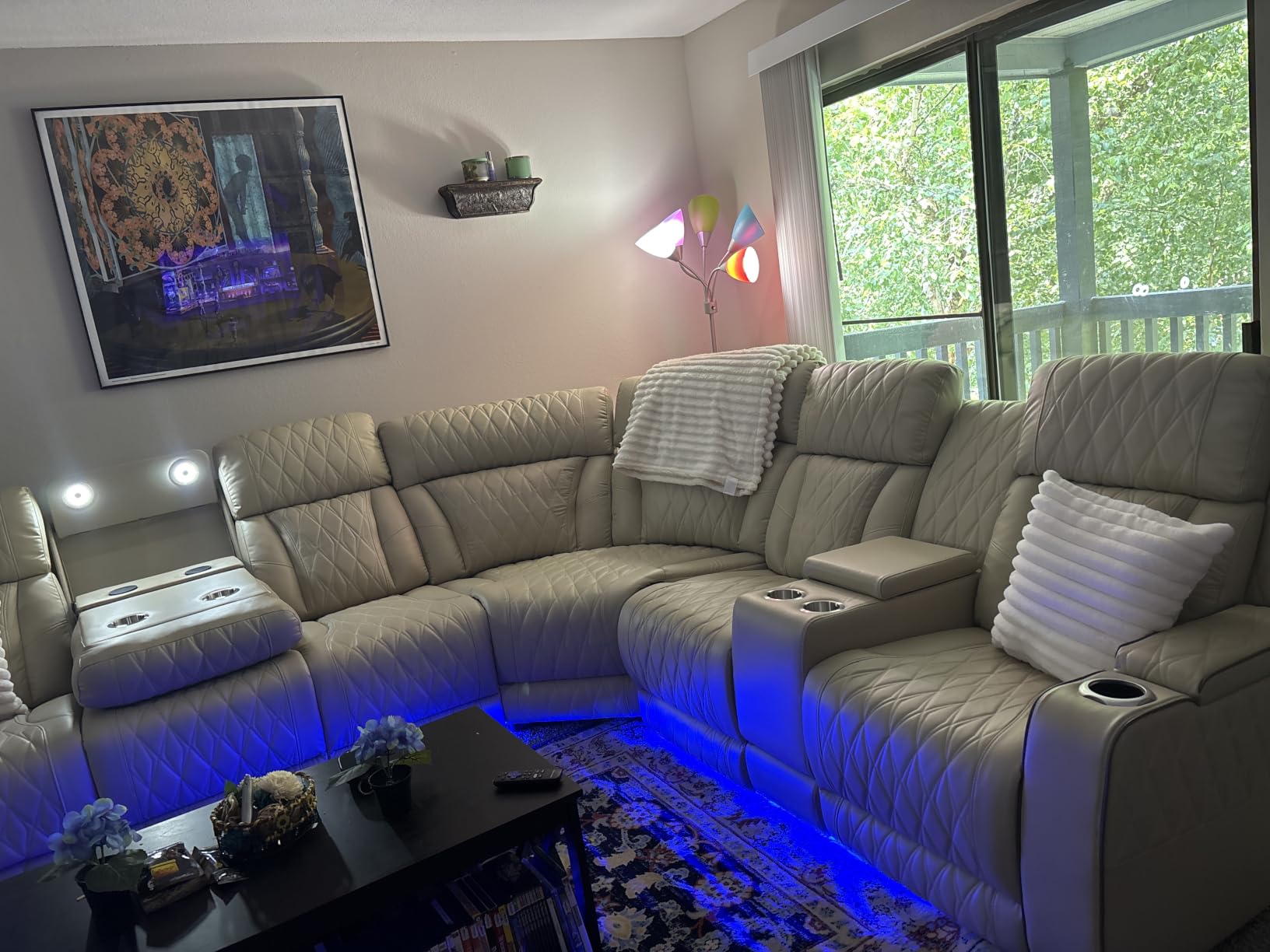 FUOROLA Power Recliner Living Room Set with LED, Breathing Leather Reclining Sectional Sofa Couches for Home Theater with Cup Holder, Storage Console, USB Charge customer photo 2