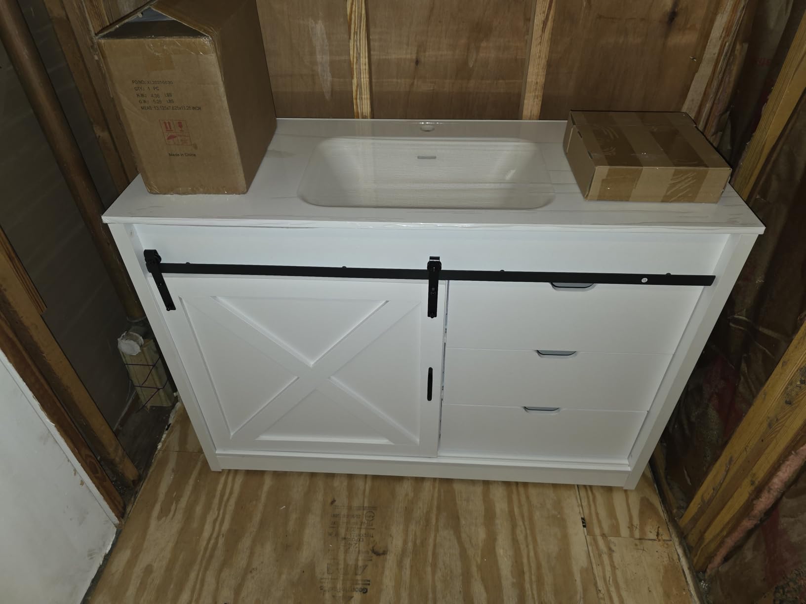 chartustriable 36 Inch Bathroom Vanity with Sink & Faucet & Mirror, Farmhouse Bathroom Vanity Cabinet Set with Sliding Barn Door & Drawers, Small Single Bath Storage Vanity Sink, Grey customer photo 1