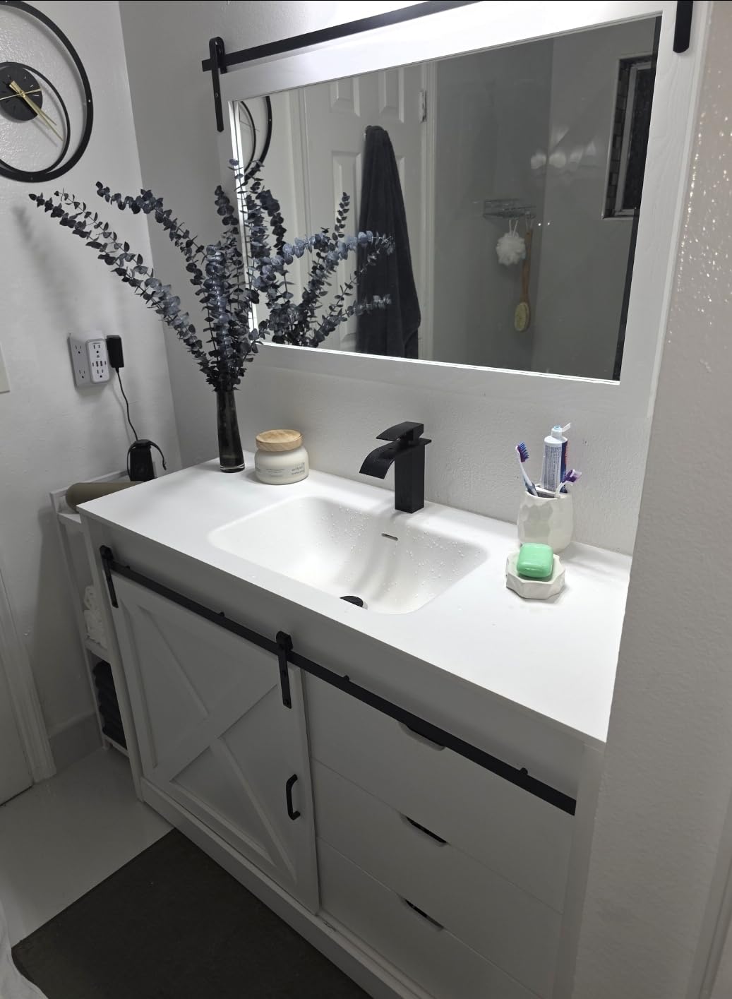 chartustriable 36 Inch Bathroom Vanity with Sink & Faucet & Mirror, Farmhouse Bathroom Vanity Cabinet Set with Sliding Barn Door & Drawers, Small Single Bath Storage Vanity Sink, Grey customer photo 4