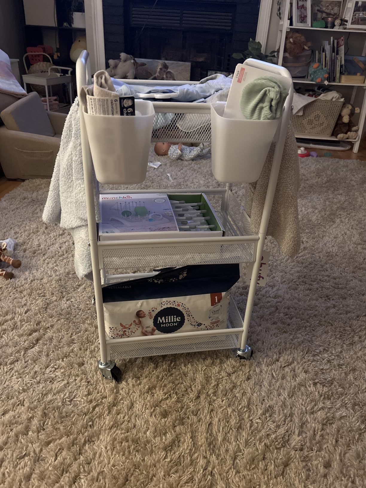 YASONIC 3 Tier Rolling Cart - Metal Utility Storage Carts with Wheels, Craft Cart Organizer with Hanging Cups, Hooks, Mesh Basket for Bedside Kitchen Office Art, Black customer photo 1