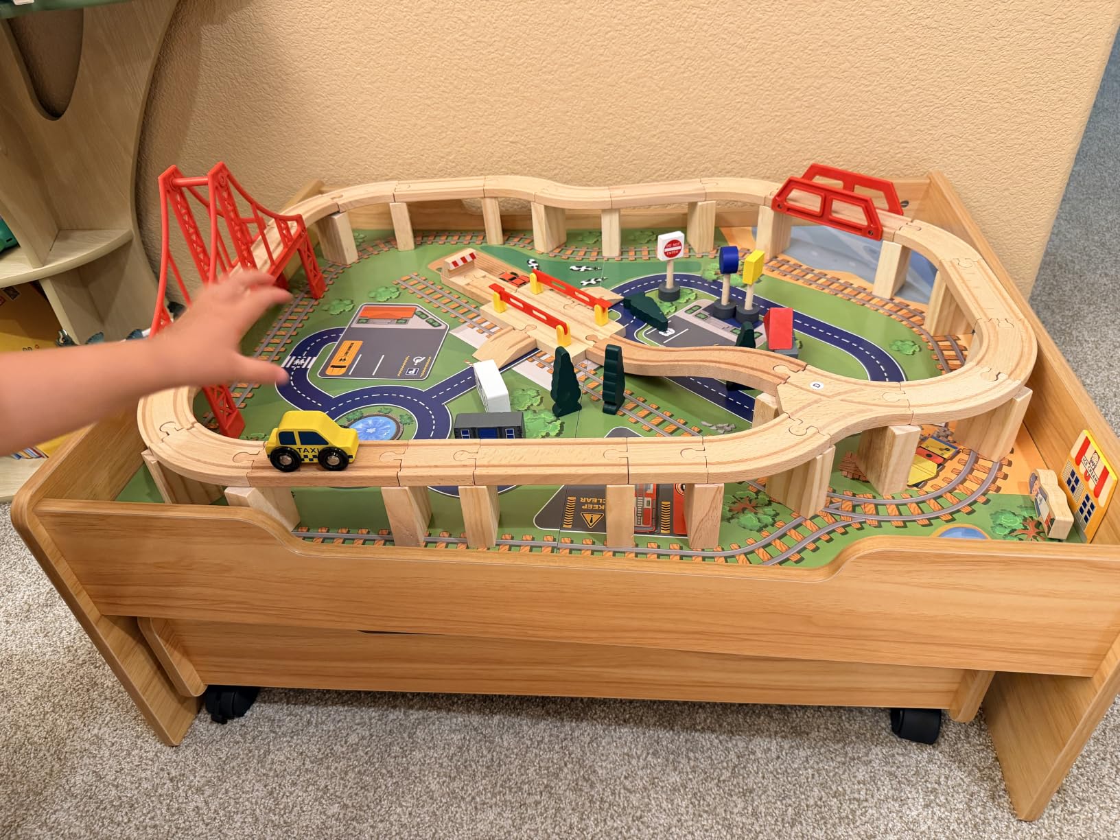 GLACER 100 Pieces Train Table, Wooden Activity Table with Storage Drawer, Tracks, Vehicles, Buildings, Wheels, Multipurpose Painted Train Table Set for Toddlers 3-5+ customer photo 1