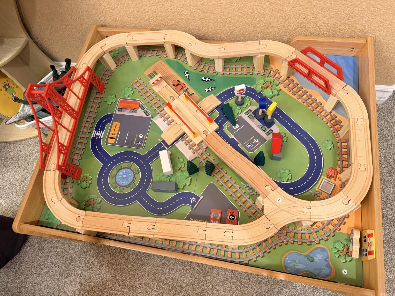 GLACER 100 Pieces Train Table, Wooden Activity Table with Storage Drawer, Tracks, Vehicles, Buildings, Wheels, Multipurpose Painted Train Table Set for Toddlers 3-5+ customer photo 2