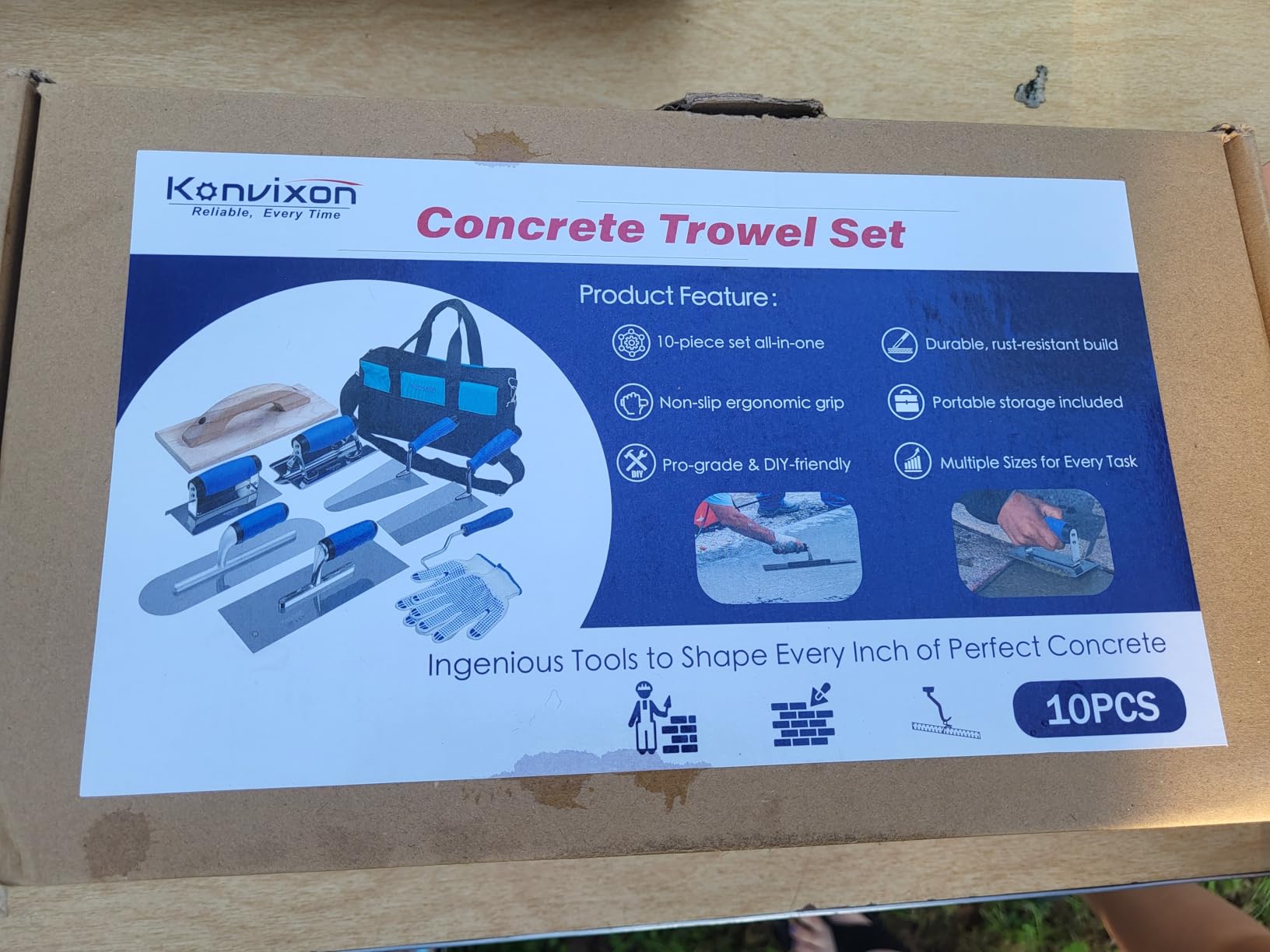 10 PCS Concrete Trowel Set, Professional Masonry Hand Tool Set | Large Flat Finishing and Pool Trowel, Wood Float, Concrete Edger and Groover, Margin Gauging, Wire Twister,Gloves & Carry Bag customer photo 2