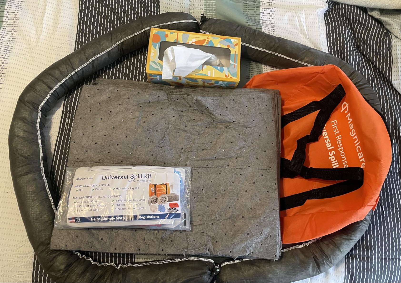 Universal Spill Kit OSHA Approved - Biohazard Clean up Kit for Oil, Water & Chemicals | 15 Absorbent Pads, 2 Socks, PPE, Biohazard Bags in Bright Orange Duffel Bag customer photo 2