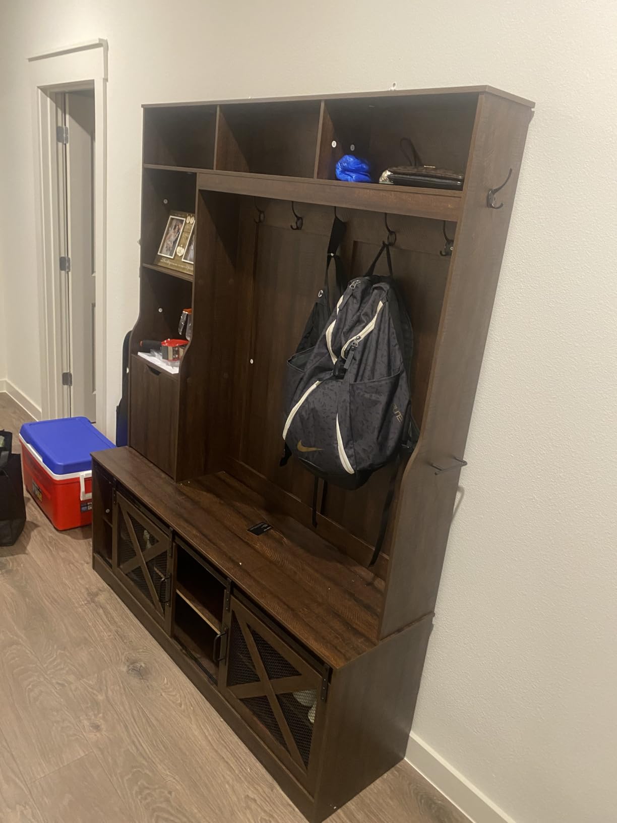 75''H 59''W Large LED Farmhouse Hall Tree with Bench and Shoe Storage, Entryway Bench with Coat Rack, 16 Shoe Cubbies & Umbrella Holder and Sock Storage Drawer, Mudroom/Hallway Storage Cabinet (Brown) customer photo 1