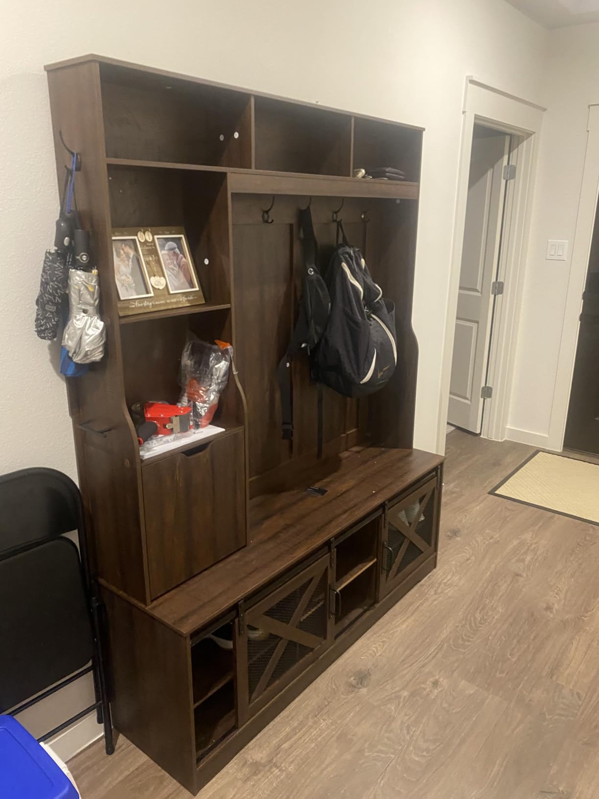 75''H 59''W Large LED Farmhouse Hall Tree with Bench and Shoe Storage, Entryway Bench with Coat Rack, 16 Shoe Cubbies & Umbrella Holder and Sock Storage Drawer, Mudroom/Hallway Storage Cabinet (Brown) customer photo 2