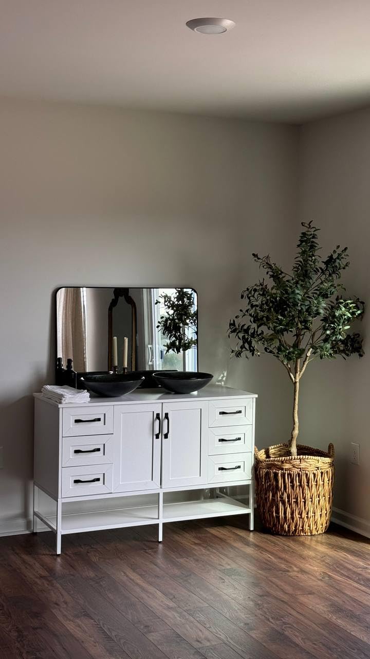 VNN 48 Inch Bathroom Vanity with Sink - Double Sink Bathroom Vanity, Freestanding Cabinet with Open Shelves and 6 Storage Drawers, Modern Iron Wood Cabinet with Countertop Tempered Glass Vessel, Grey customer photo 1