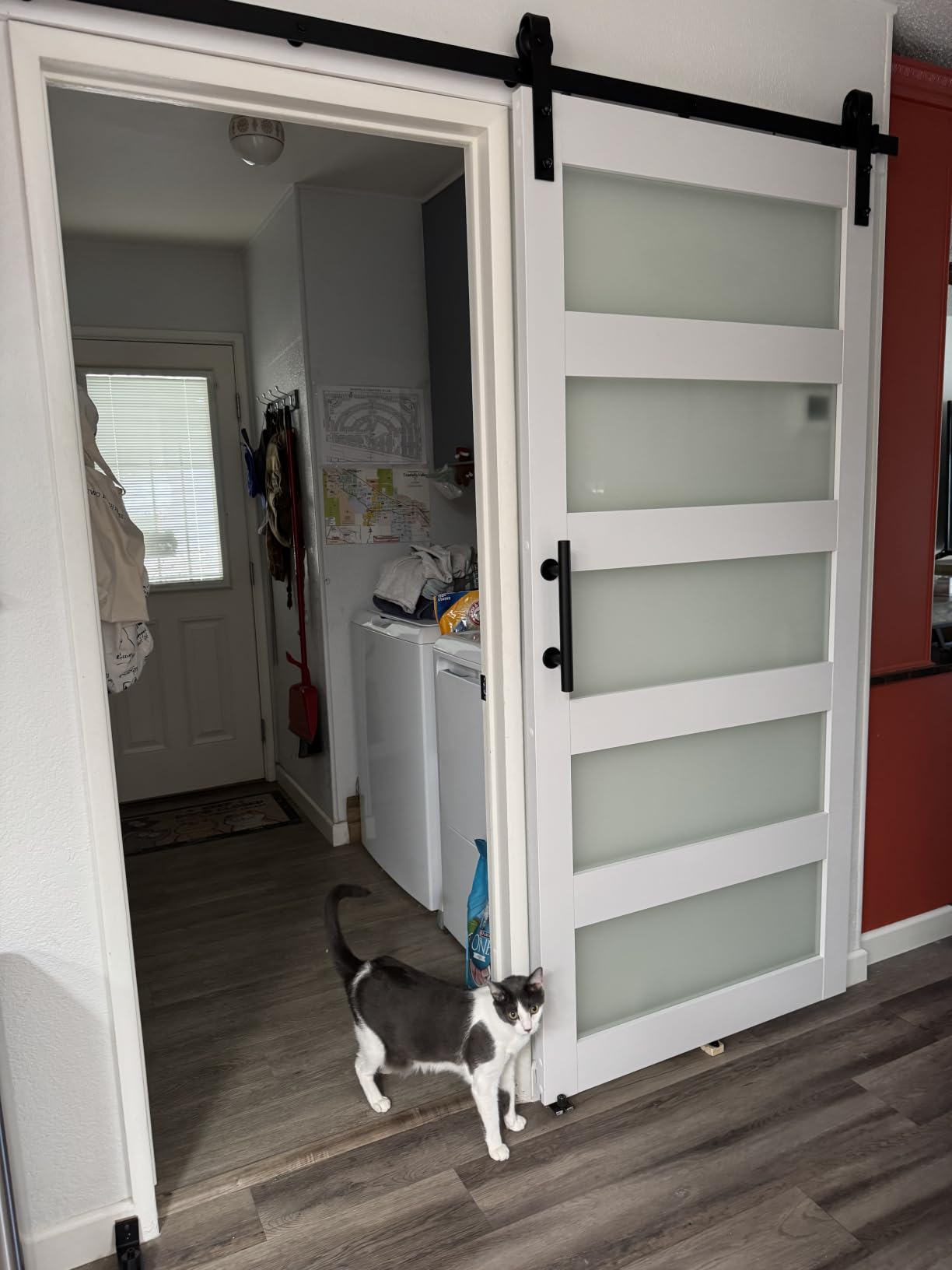 36in x 84in Sliding Glass Barn Door with 6.6ft Hardware Kit Included - DIY Assembly - Frosted Glass Door with Water-Proof PVC Surface - Fit Max Opening 34in x 82in, White customer photo 2