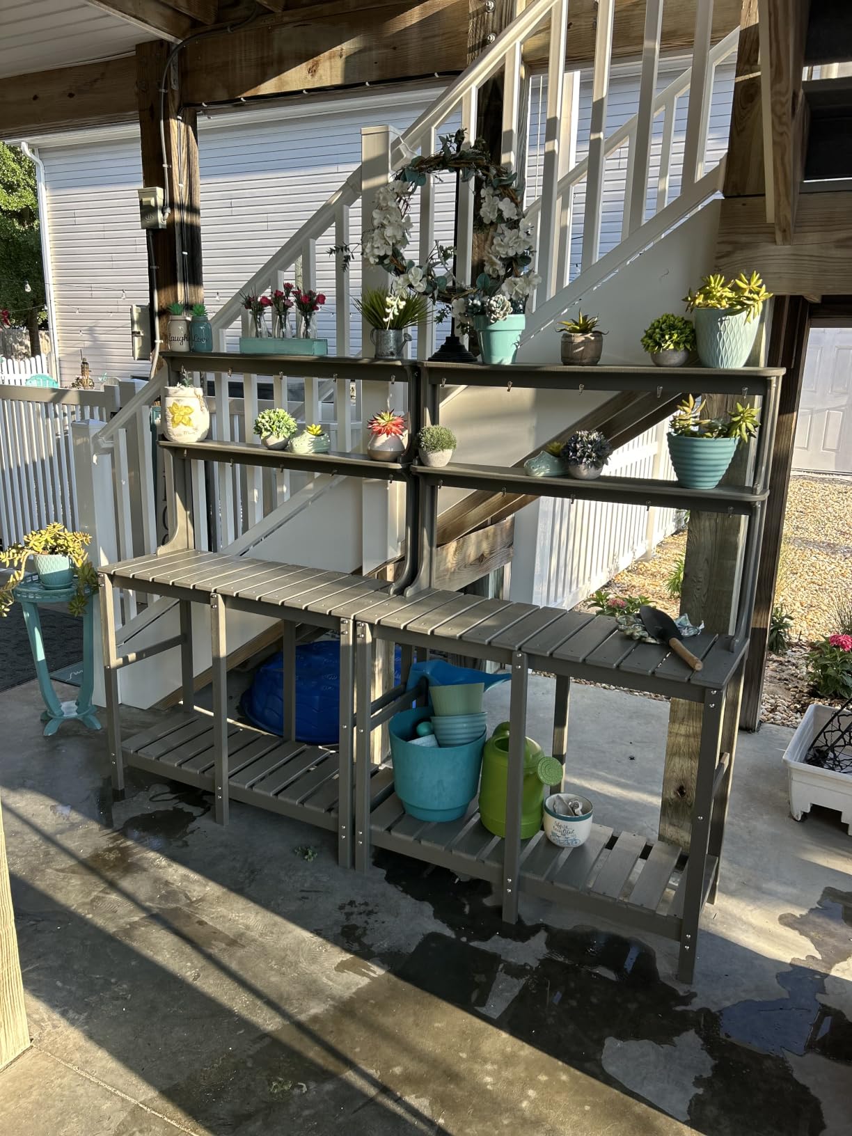 Outdoor Potting Bench with 3 Tier, All-Weather Patio Potting Table with Tool Hooks, HDPE Gardening Table for Backyard, Garden, Brown customer photo 1