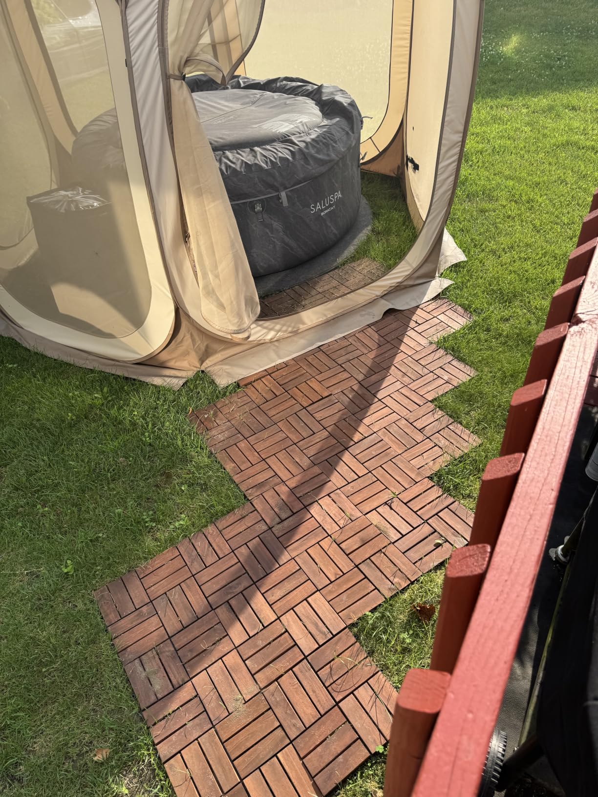 9-Piece Acacia Wood Interlocking Deck Tiles 12x12 in, Gray Striped | 6-Slat Wide Contact, Non-Slip Grip, 490 lb Capacity, Protective Oil-Rubbed Finish, Flat-Surface Install, Patio Ready customer photo 1