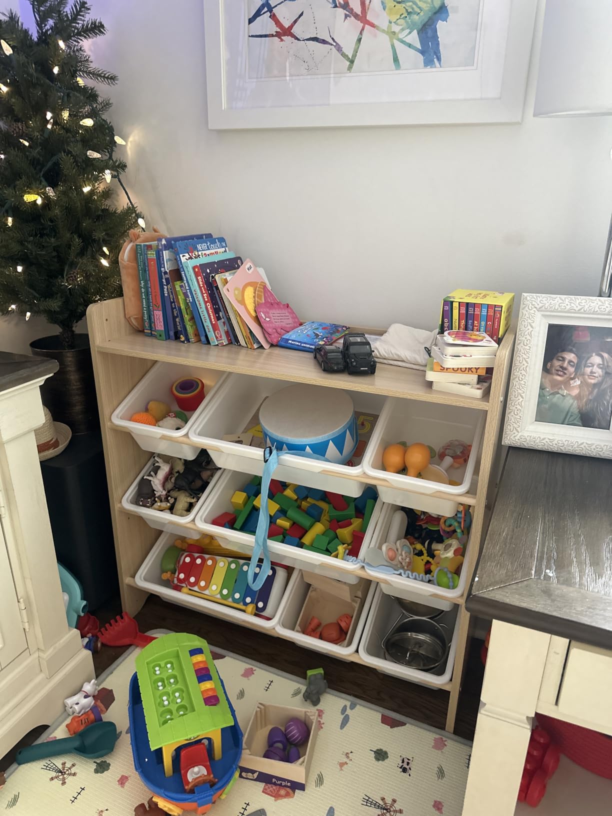 DOREROOM Toy Storage Organizer with Bookshelf, Kids Toy Storage and Organizers with 3 Shelves/9 Bins/3 Hooks, Bin Shelf, Toy Organization for Playroom, Nursery, Bedroom, Toddler Room | Wood & White customer photo 1