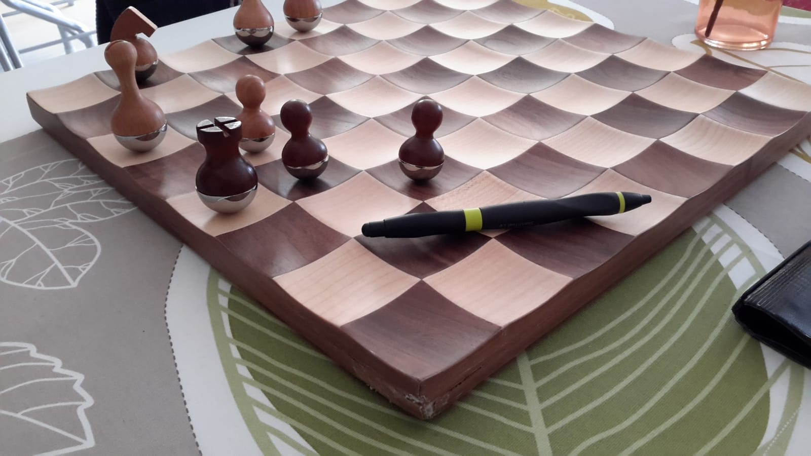 Umbra Wobble Chess Set, Walnut and Maple Wood Board, 15x15-Inch, Walnut | Chrome plated details, weighted playing pieces, interactive concave design customer photo 1
