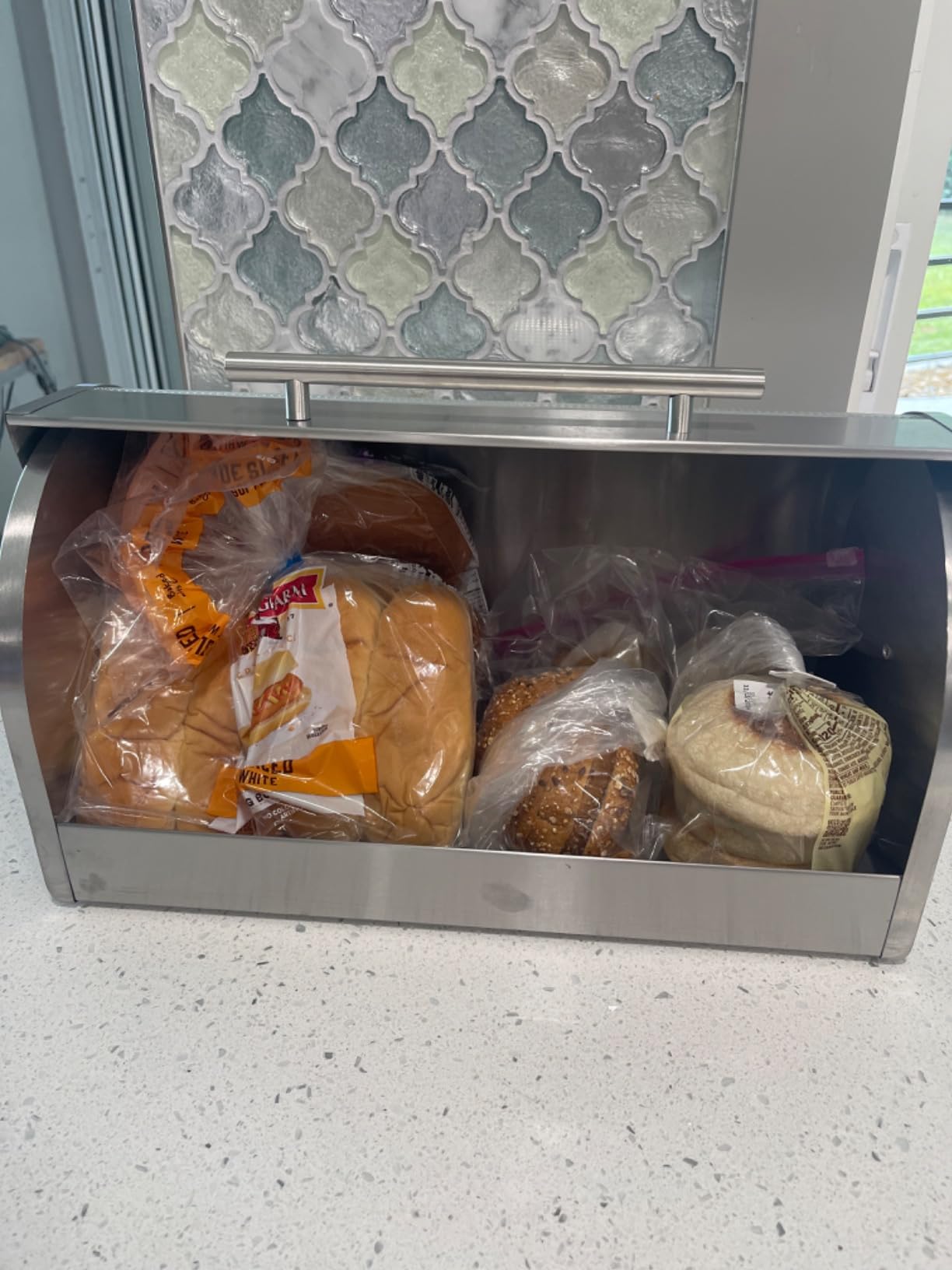 Oggi Stainless Steel Roll Top Bread Box for Kitchen Countertop with Tempered Glass Lid - Fits Multiple Large Loaves of Bread and Other Freshly Baked Goods Including Cookies, Bagels, Muffins customer photo 2