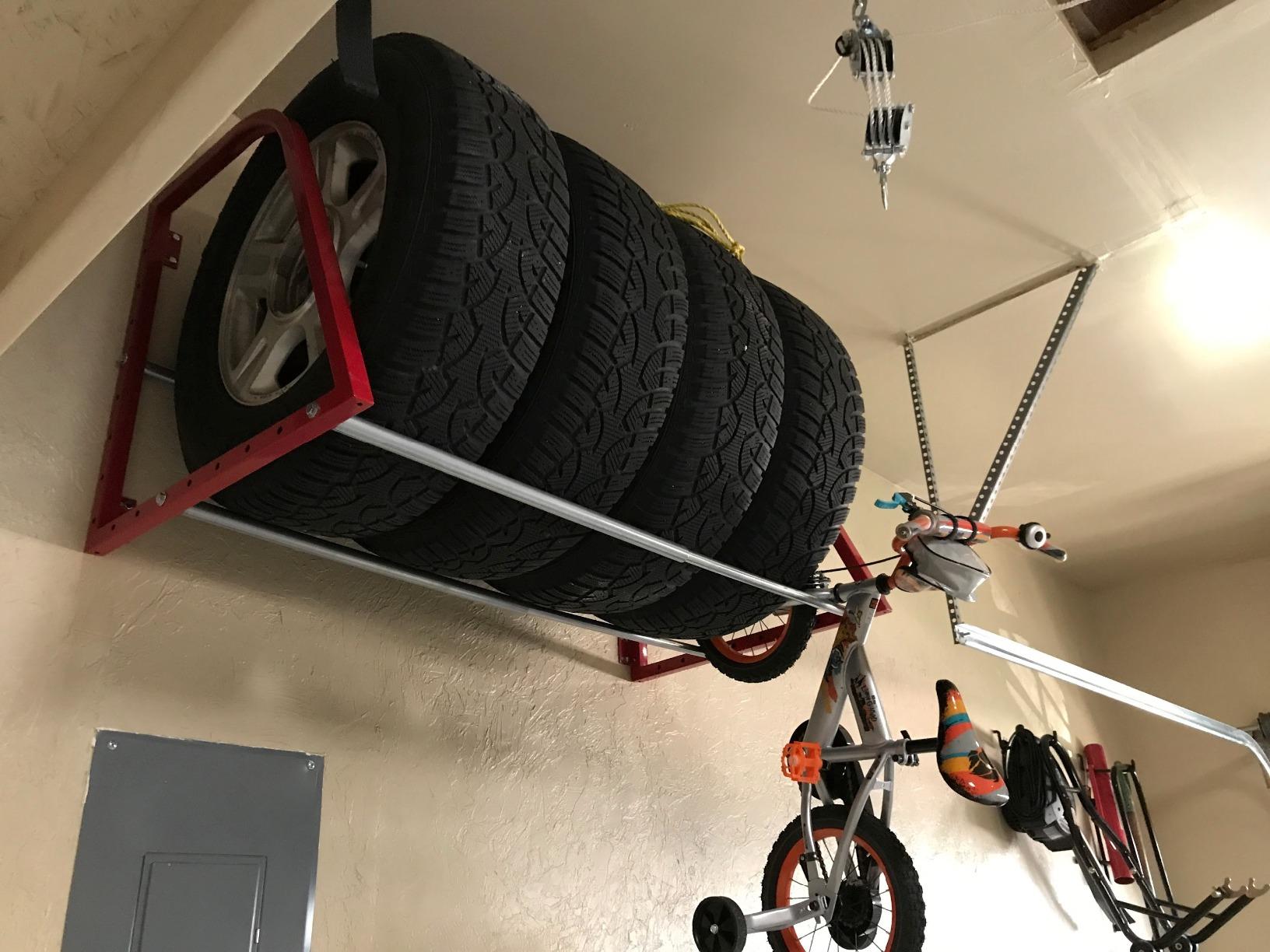 HyLoft Model 01012 Tire-Loft Multi Tire Storage System Rack, Adjustable Width of 36 Inches to 48 Inches, Holds Up To 375 Pounds, Red customer photo 2