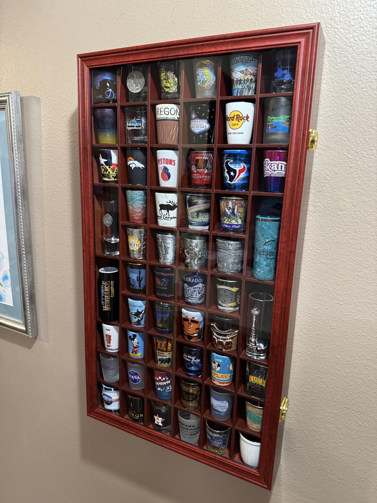 Shot Glass Display Case Cabinet Wall Rack Holder Shadow Box Lockable with UV Protection Acrylic Glass Door Shot Glass Collection Display with 56 Slots (Cherry Finish) customer photo 2