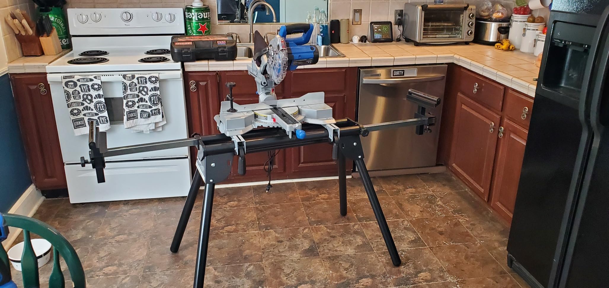 Evolution Power Tools EVOMS1 Miter Saw Stand Compact & Folding, Universal Fits Most Brands, Quick Release Mounting Brackets, Rollers, End Stops for Repeat Cutting customer photo 1