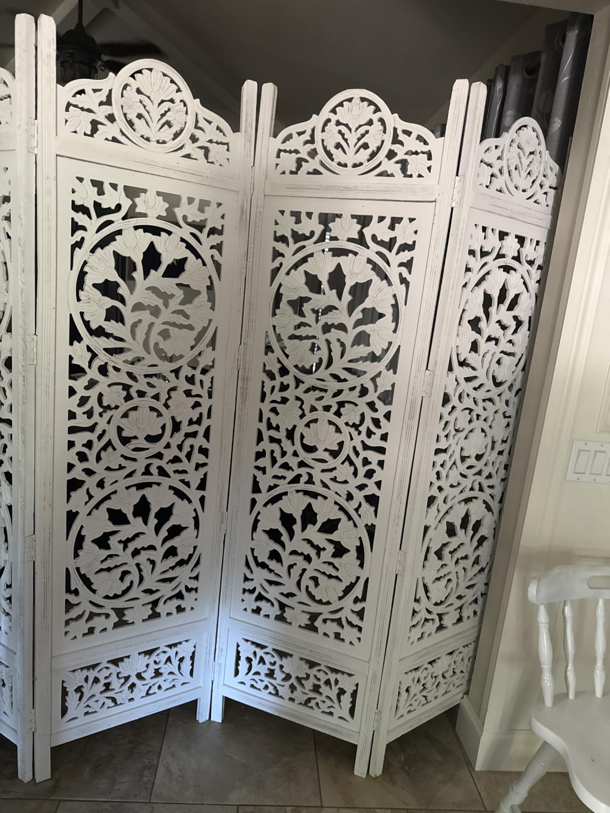 COTTON CRAFT Room Divider Wood Screen - Hand Carved Folding 4 Panels 72x80 | Kamal Antique White Decorative Functional Assembled Portable Partition customer photo 2