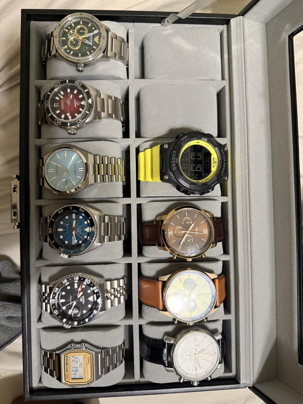 SONGMICS Watch Box, 12-Slot Watch Case Organizer with Large Glass Lid, 2 Layers, Removable Pillows, Metal Lock, Gift for Loved Ones, Black Synthetic Leather, Gray Lining UJWB012 customer photo 1