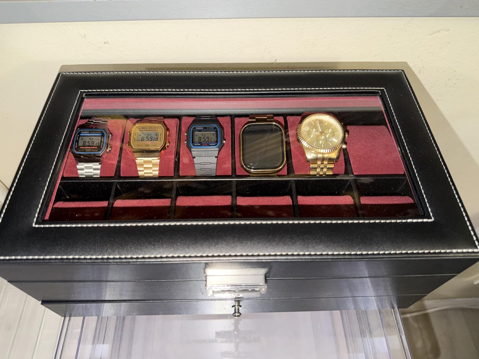 SONGMICS Watch Box, 12-Slot Watch Case Organizer with Large Glass Lid, 2 Layers, Removable Pillows, Metal Lock, Gift for Loved Ones, Black Synthetic Leather, Gray Lining UJWB012 customer photo 2