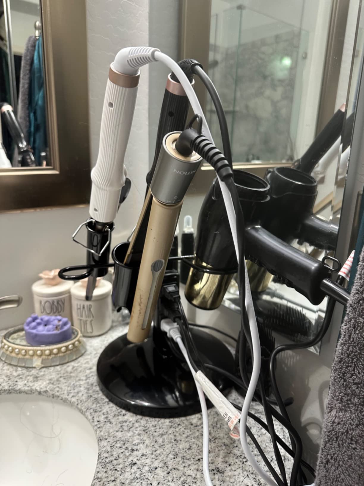BYOOTIQUE 6-Hole Tabletop Blow Dryer & Hair Iron Holder Salon Stand | Appliance Stand Hair Dryer Holder, 3 Outlets, Hair Tool Organizer, Built for Stylist Straightener Supplies customer photo 1