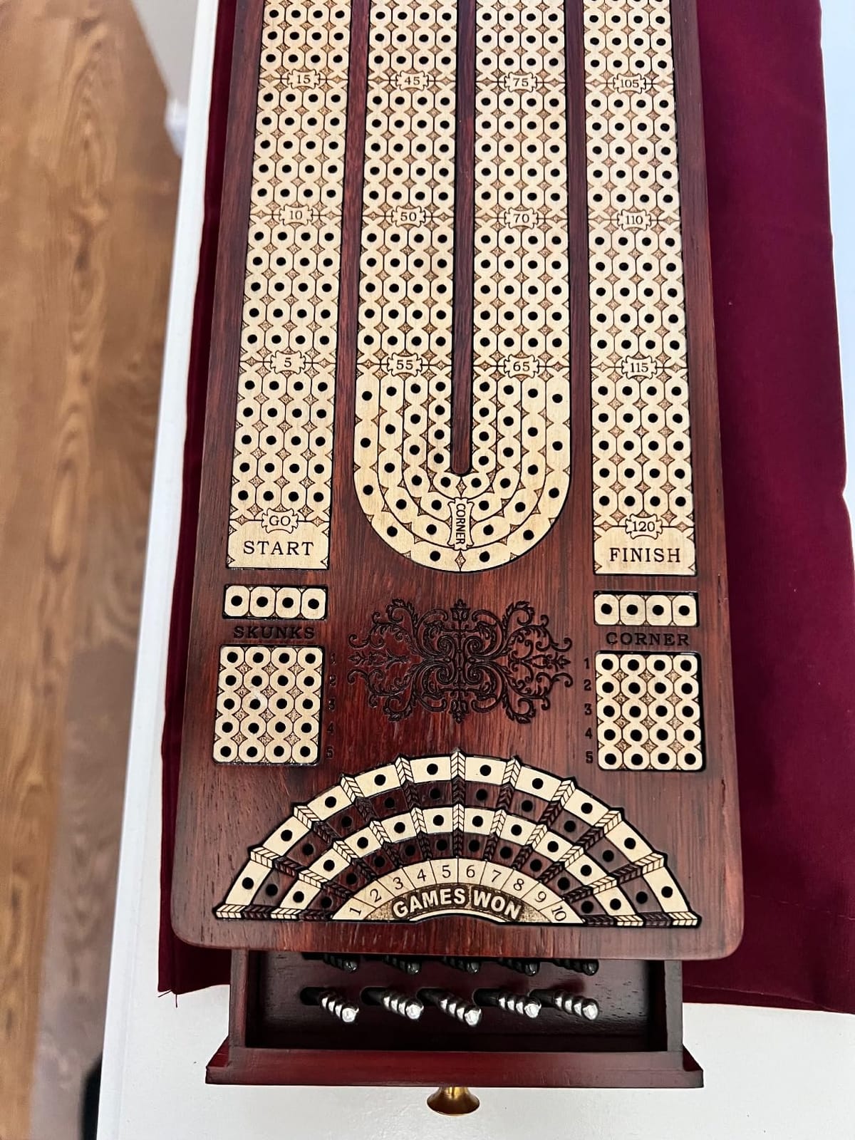 Continuous Cribbage Board Bloodwood/Maple and Side Pull Drawers - 4 Tracks with Place to Mark Won Games - House of Cribbage customer photo 2