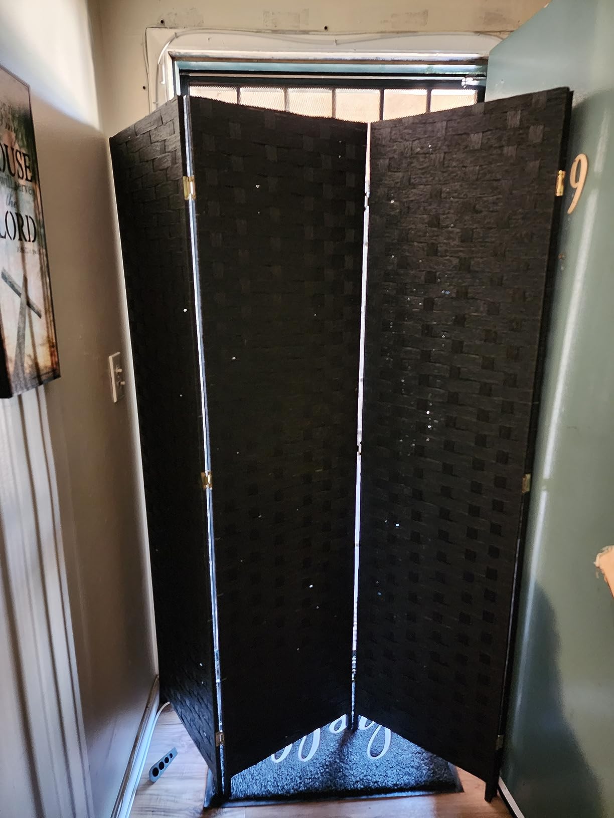 FDW 4-Panel Folding Room Divider | 6ft, Black | Light & Portable | Wooden Wall Divider with Hand Woven Mesh customer photo 1