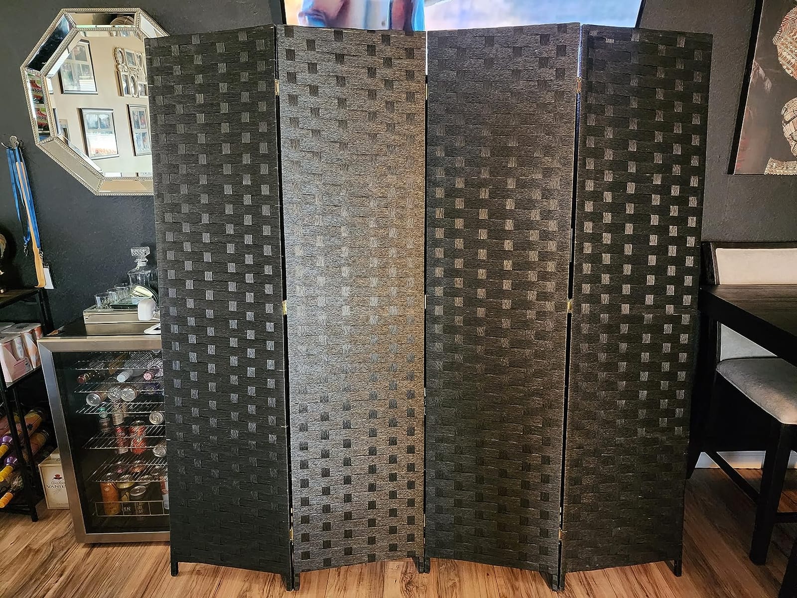 FDW 4-Panel Folding Room Divider | 6ft, Black | Light & Portable | Wooden Wall Divider with Hand Woven Mesh customer photo 2