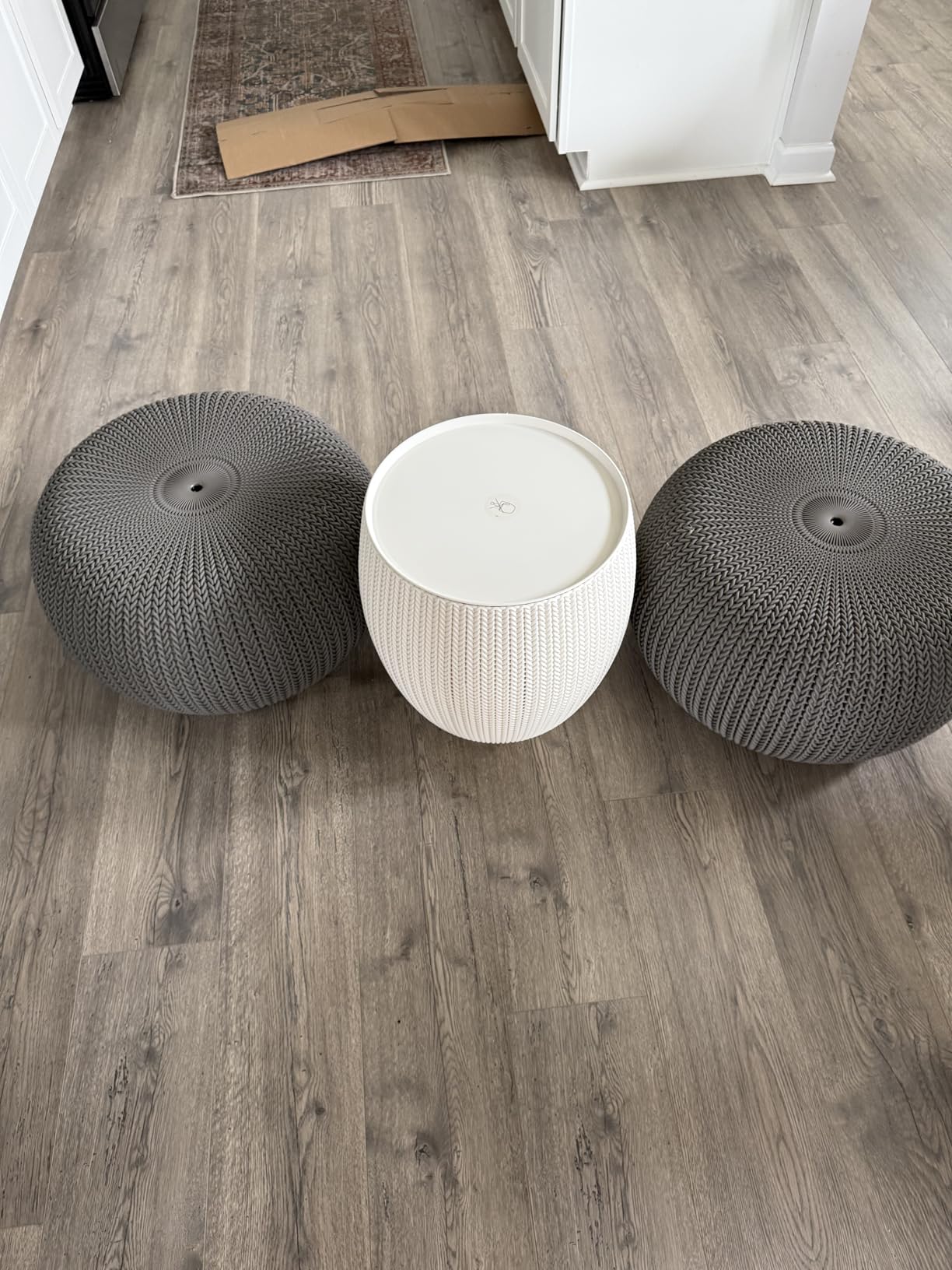 Keter Urban Knit Pouf Ottoman Set of 2 with Storage Table for Patio and Room Décor - Perfect for Balcony, Deck, and Outdoor Seating, Misty Blue & Taupe customer photo 1