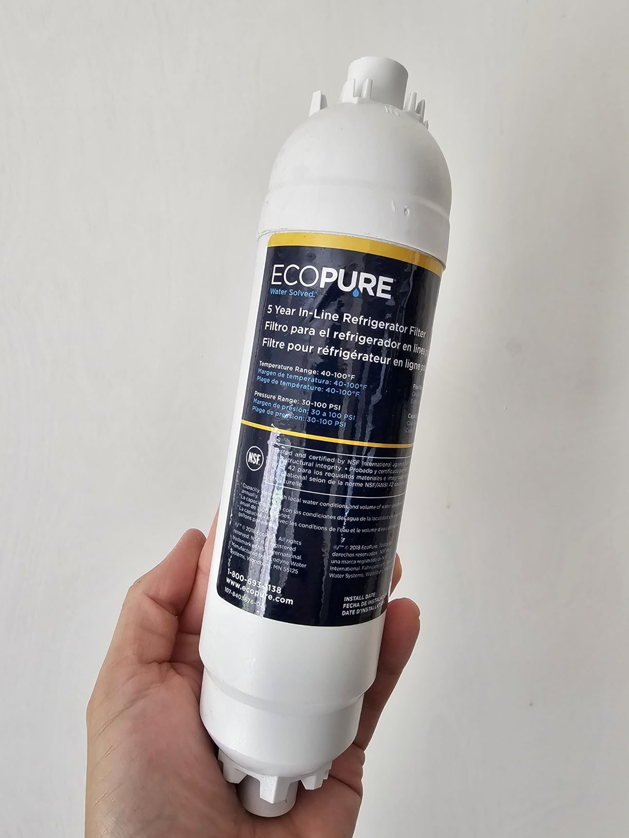 EcoPure EPINL30 5-Year In-Line Refrigerator Water Filter - Universal Fit for Most Fridges, Ice Makers, RVs & Boats - Reduces Chlorine Taste & Odor - Easy DIY Install with 1/4