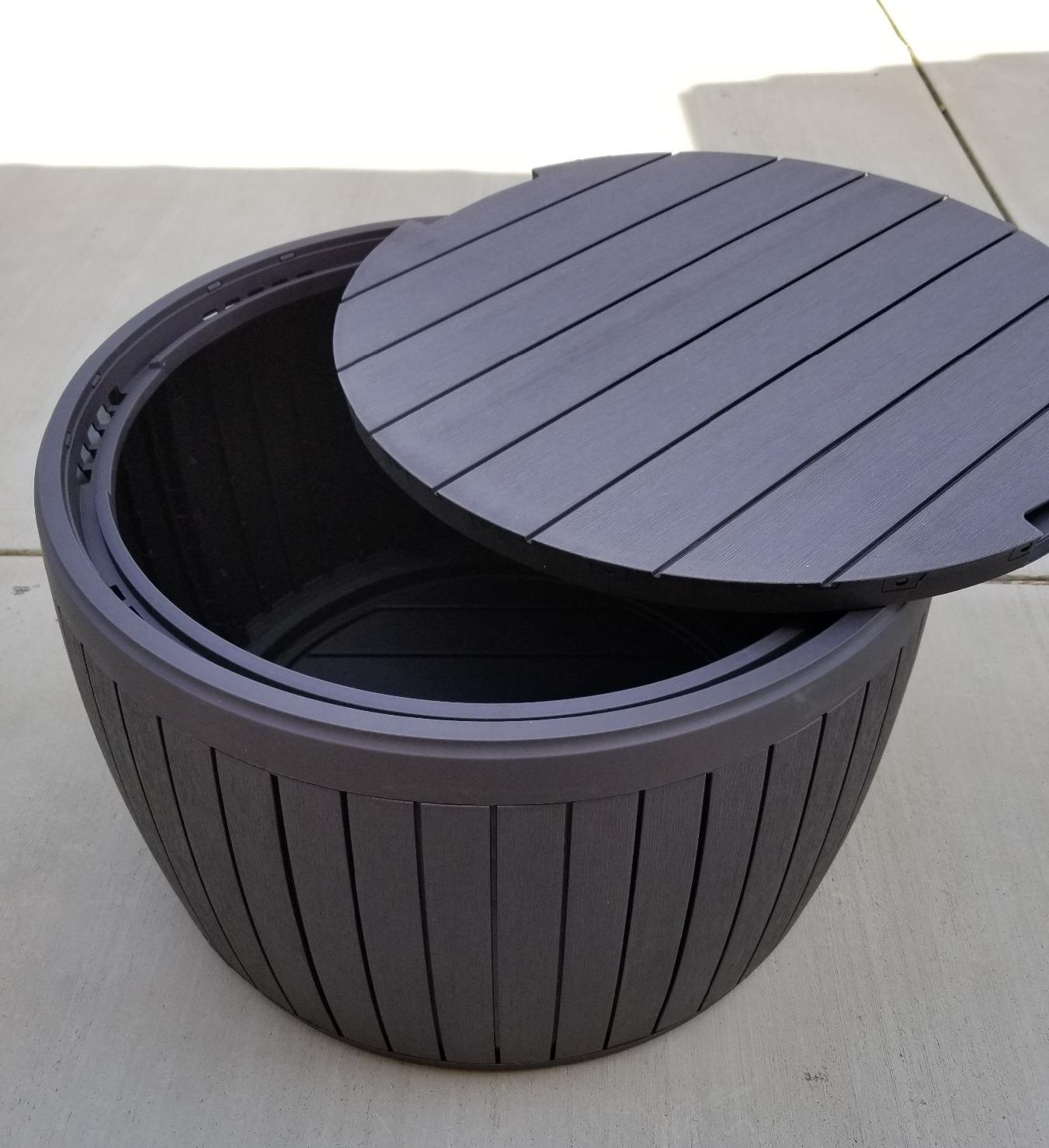 Keter Circa 37 Gallon Deck Box Organizer, Works as Ottoman Chair or Side Table, Brown - Large Resin Round Outdoor Storage and Seating for Garden, Pool, and Patio customer photo 2