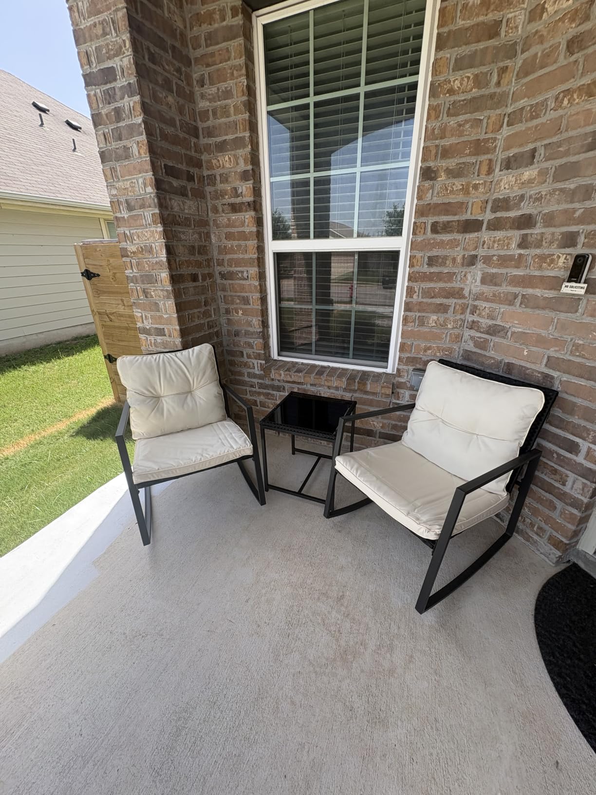 SUNCROWN 3 Piece Outdoor Rocking Bistro Set Black Wicker Furniture Porch Chairs Conversation Sets with Glass Coffee Table, Beige customer photo 2