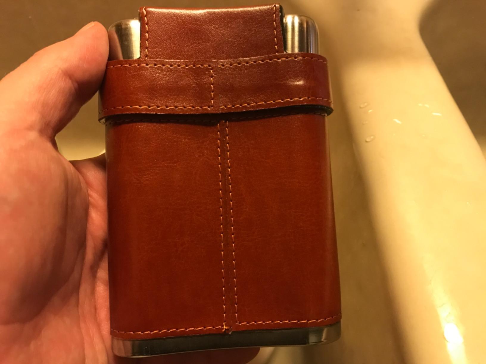 GENNISSY 8oz Hip Flask for Men - 304(18/8) Stainless Steel Bourbon Whiskey Flask, Leakproof with Brown Leather Wrap - Includes Funnel & 3 Mini Cups for Dad, Gifts, Travel customer photo 1