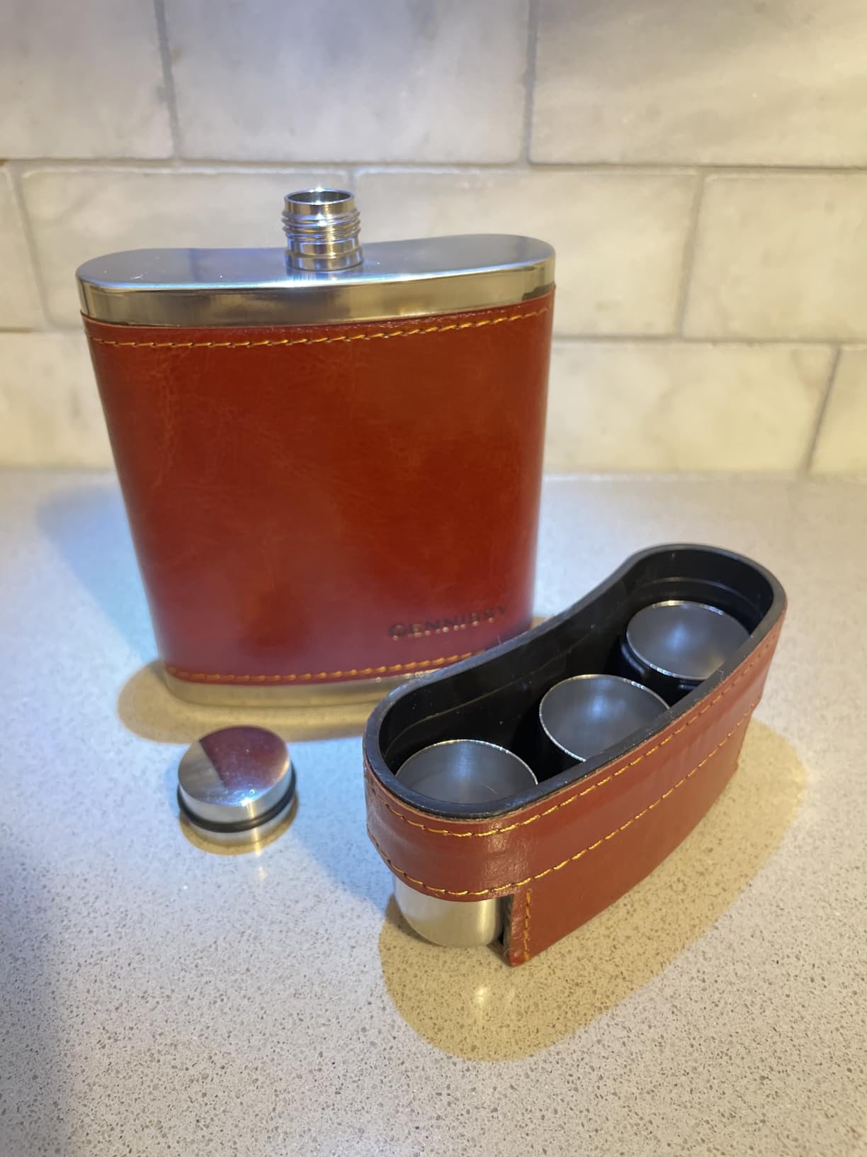 GENNISSY 8oz Hip Flask for Men - 304(18/8) Stainless Steel Bourbon Whiskey Flask, Leakproof with Brown Leather Wrap - Includes Funnel & 3 Mini Cups for Dad, Gifts, Travel customer photo 2