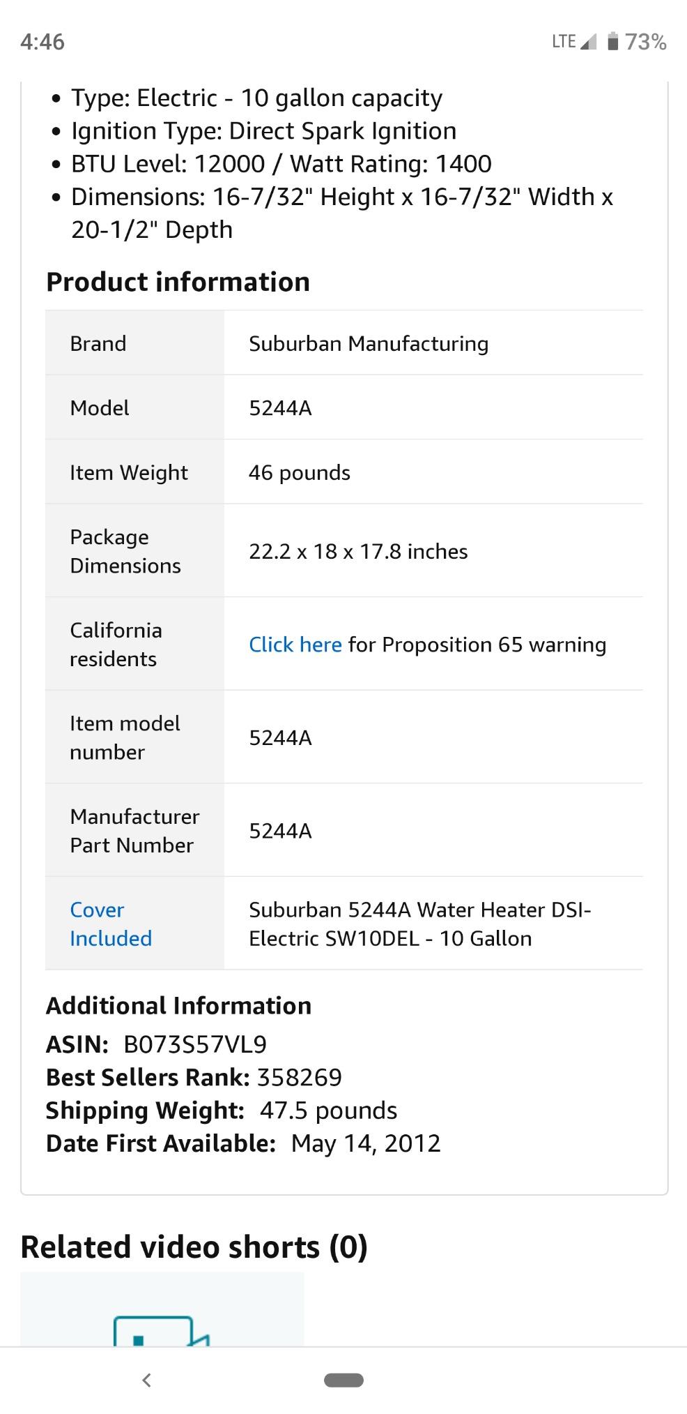 Suburban SW6DEL 6-Gallon RV Water Heater, DSI & 12VDC Relay (5240A) | Porcelain-lined steel tank, replaceable anode rod doubles as drain, 12VDC relay, 12,000 BTU customer photo 1