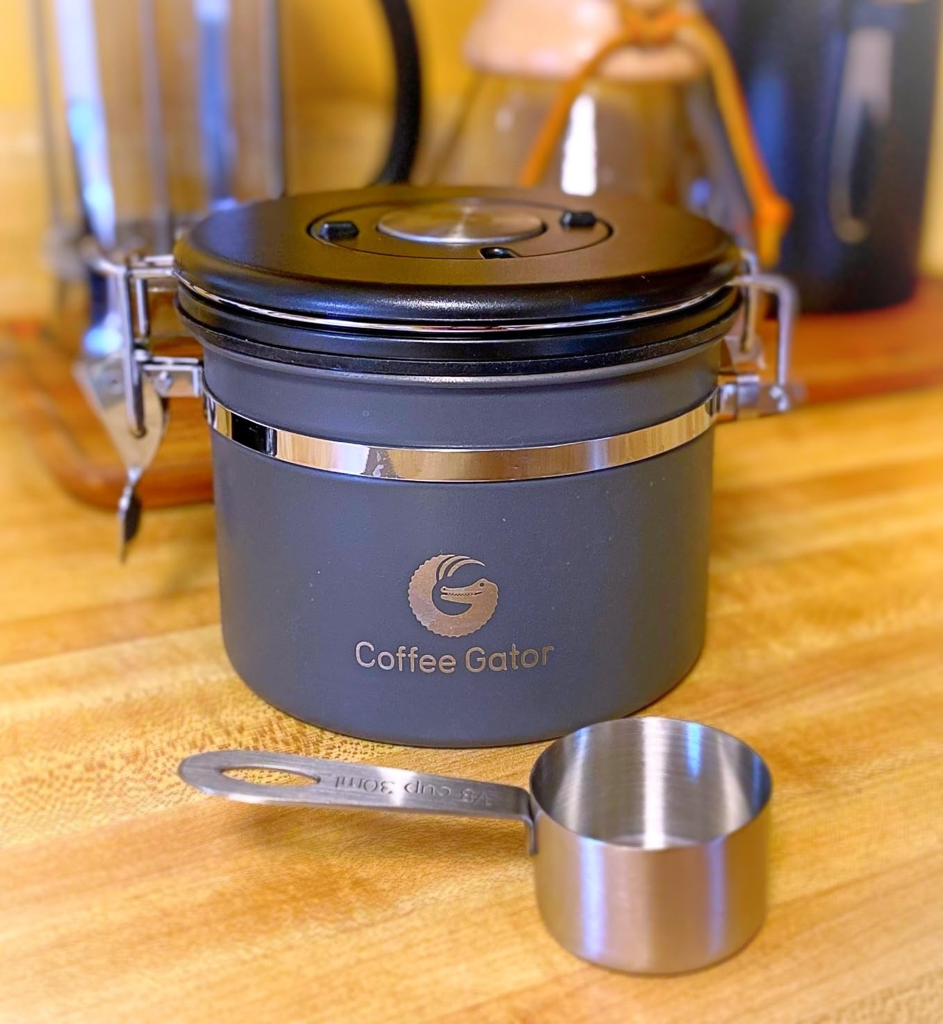 Coffee Gator Coffee Canister, 11oz Airtight Stainless Steel Kitchen Food Storage Container with Date-Tracker, CO2-Release Valve and Scoop for Beans, Grounds, Sugar, Cookies Jars, Tea, Cereal - Gray customer photo 2