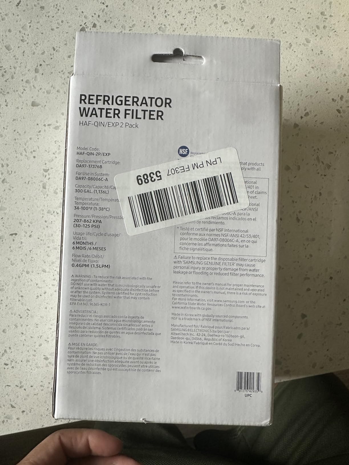 Samsung HAF-QIN/EXP Genuine Refrigerator Water Filter, Reduces 99% of Harmful Contaminants for Clean, Clear Drinking Water, 6-Month Life, Easy Install, Pack of 1 customer photo 1