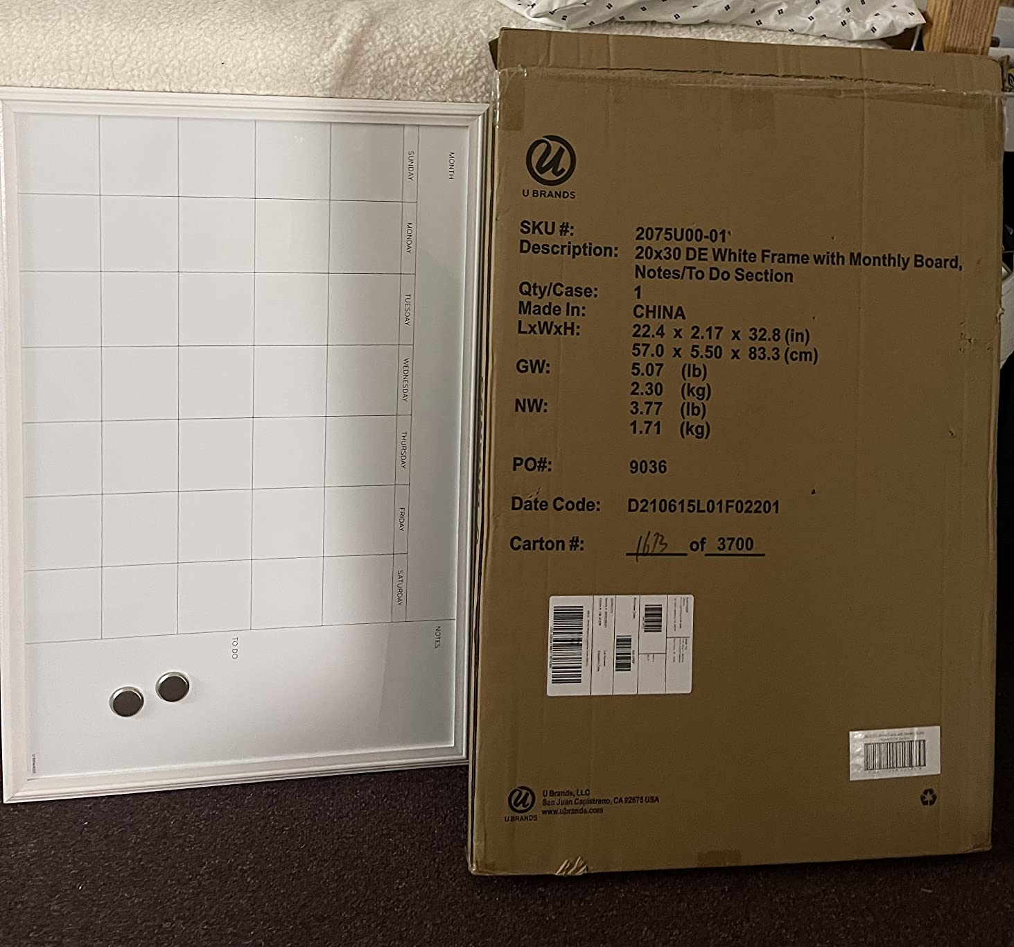 U Brands Magnetic Dry Erase Calendar White Board, 30