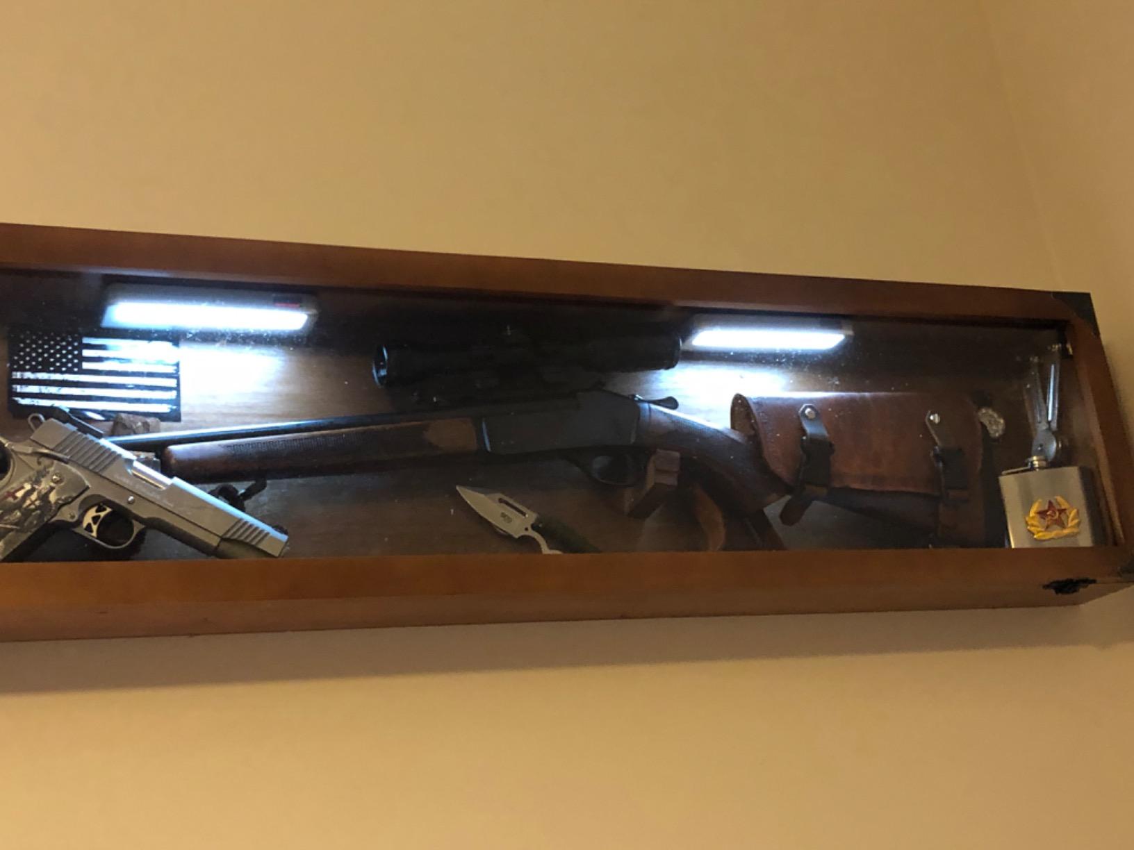 PENNZONI Gun Display Case - Lockable Rifle Display Case - Gun Cabinets for Rifles & Shotguns - Sword Wall Mount, Gun Wall Mount Display Case w/ Acrylic Door | Walnut, Red Felt customer photo 1