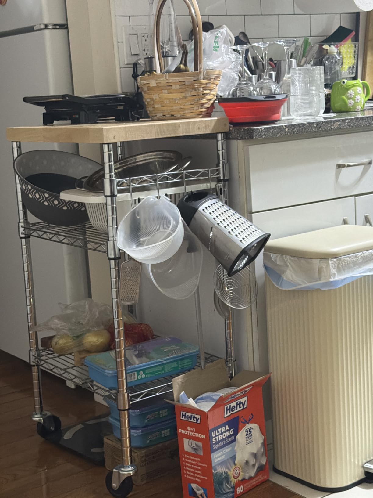 Amazon Basics Portable Kitchen 3-Tier Storage Rack on Caster Wheels with Adjustable 2 Shelves, 175 Pound Capacity, 21 x 15 x 36.7 inches (LxWxH), Wood/Chrome customer photo 2